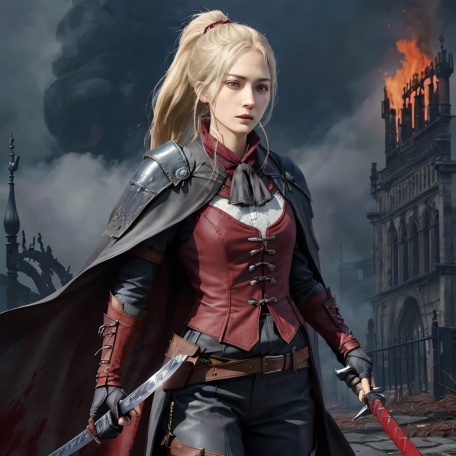 drawn in the artstyle of  1girl, medium_breasts, lady_maria_of_the_astra, rakuyo_\(bloodborne\), red dark smoke firebackground, realistic face, realistic skin, perfect face, perfect lighting, detailed skin, detail face, white_hair,  blonde hair, upper body,magical blood mist flowing from sword,red long sword ,ponytail, boots, bloodborne outfit, katana,pirrate hat_feather, cape, holding_weapon, pistol holstered on hip, gothic, grey eyes,