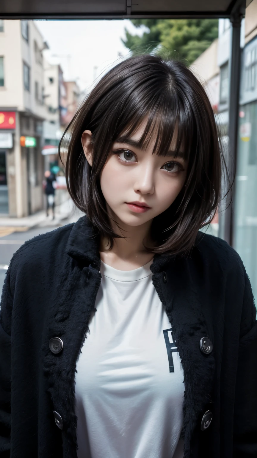 With bangs,Beautiful black hair,Woman with straight medium bob cut,,,21-year-old female,(((No hat))),Aspacarina,((Shy expression)),,,Very beautiful eyes, ,(((Wearing a tattered black coat))),,(make:1.4),Big eyes,Hip Hop Dancer,Gangster style long pants,8k,High resolution,Gangster style,(head shot:1.5)