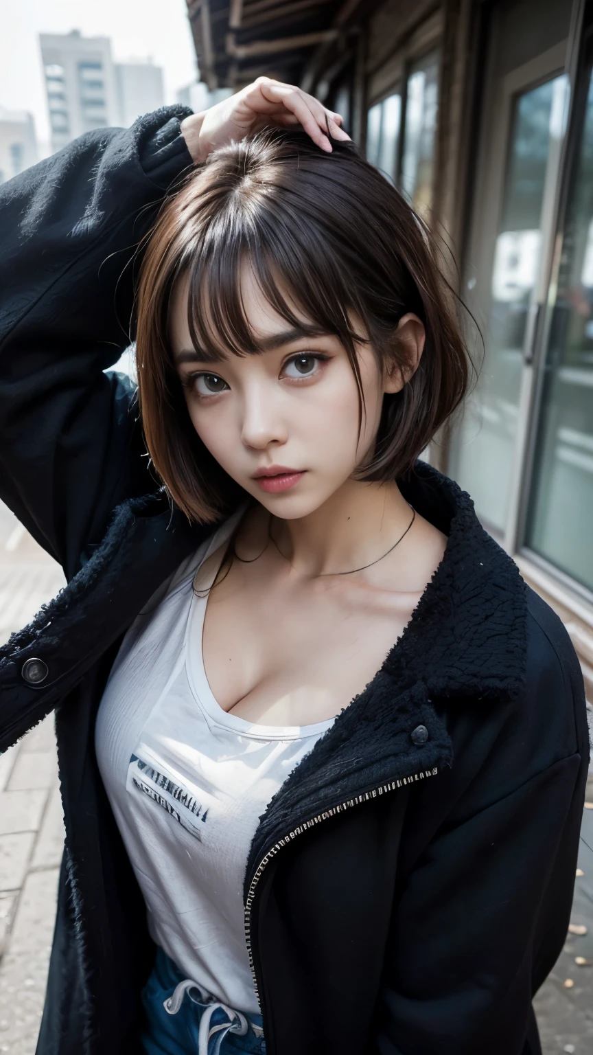 With bangs,Beautiful black hair,Woman with straight medium bob cut,,,21-year-old female,(((No hat))),Aspacarina,((Shy expression)),,,Very beautiful eyes, ,(((Wearing a tattered black coat))),,(make:1.4),Big eyes,Hip Hop Dancer,Gangster style long pants,8k,High resolution,Gangster style,(head shot:1.5)