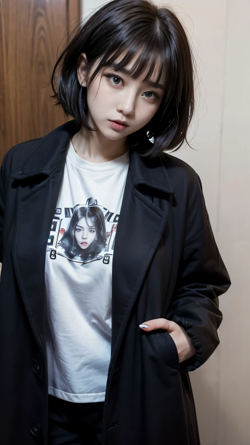 With bangs,Beautiful black hair,Woman with straight medium bob cut,,,21-year-old female,(((No hat))),Aspacarina,((Shy expression)),,,Very beautiful eyes, ,(((Wearing a tattered black coat))),,(make:1.4),Big eyes,Hip Hop Dancer,Gangster style long pants,8k,High resolution,Gangster style,(head shot:1.5)