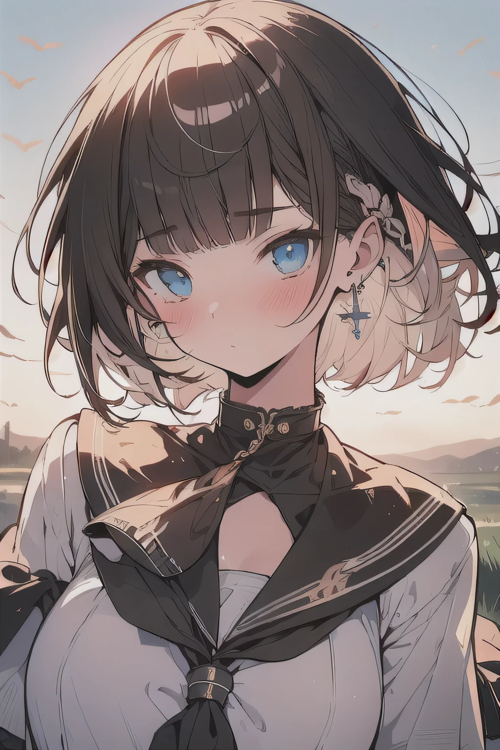 (best quality), (Super detailed), (Best Illustration), (masterpiece), (woman), high contrast, {(white serafuku:1.2)}, (large breasts), {brown hair, (sideburns), (bob cut:1.3), curly hair, hairs between eyes, colored inner hair}, {(detailed eyes), blue eyes}, blush, earring, wind, (country landscape)