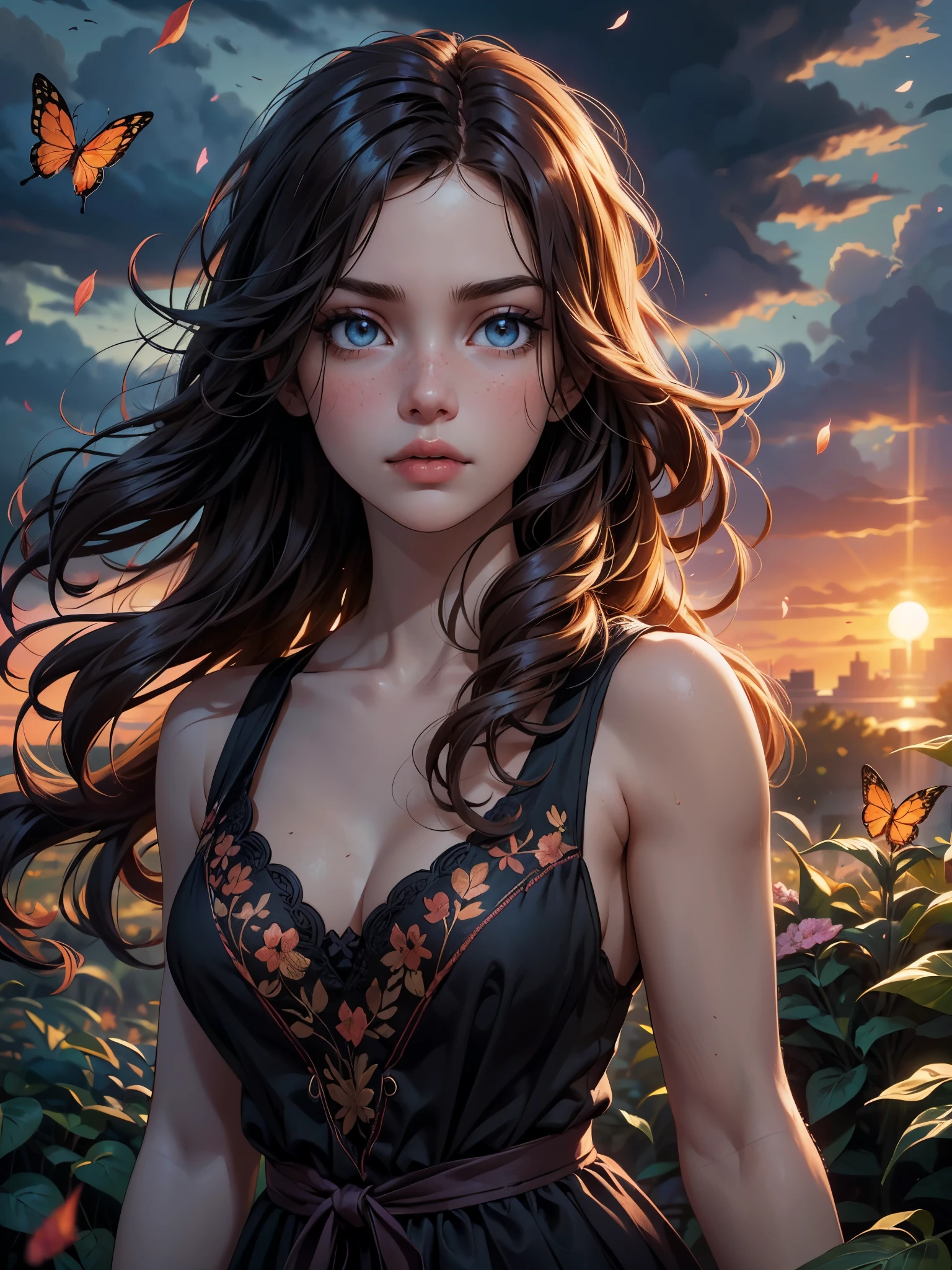 (ginger girl ,guy, story love, looking at each other:1.2),  (detailed eyes, detailed hair,cute,perfect face, detailed face), (absurdly long hair, detailed hair) ,  (dark sky, dark clouds, sunset:1.2),(backlight, dappled sunlight,blurry foreground), (dynamic , action-packed , thrilling , fantastic realism), ((intricate details, pattern)),(falling leaves, petals, flowers:1.2), birds, butterflies,
(best quality, masterpiece),
