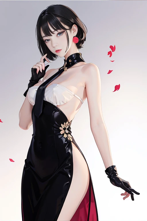 tsuruta ichiro, Narrow-eyed, 1girl in, Allback、deadpan、short-hair、shorth hair、brow、Reluctance、A dark-haired、Tucked Hair Solo, Cowgirl, Onepiece, ((mideum breasts)), Thin slit eyes、Black eyes, Light shines on the eyes、Black hair, gloves, Dress, Luxurious Jewelry, earrings, sharp eye、 elbow groves,Raise your hands and tie your hair back, random color, random color dress, Makeup for long eyes, Slender eyes、lip stick, Complex petal pattern, Rim Light, Back Light, pastel color,Studio Lighting