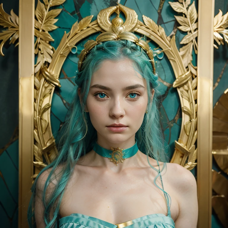 Portrait of a pale goddess, perfect face, hair made of aqua skin tentacles, aqua eyes, golden laurel wreath, choker of Gold, Roman clothes