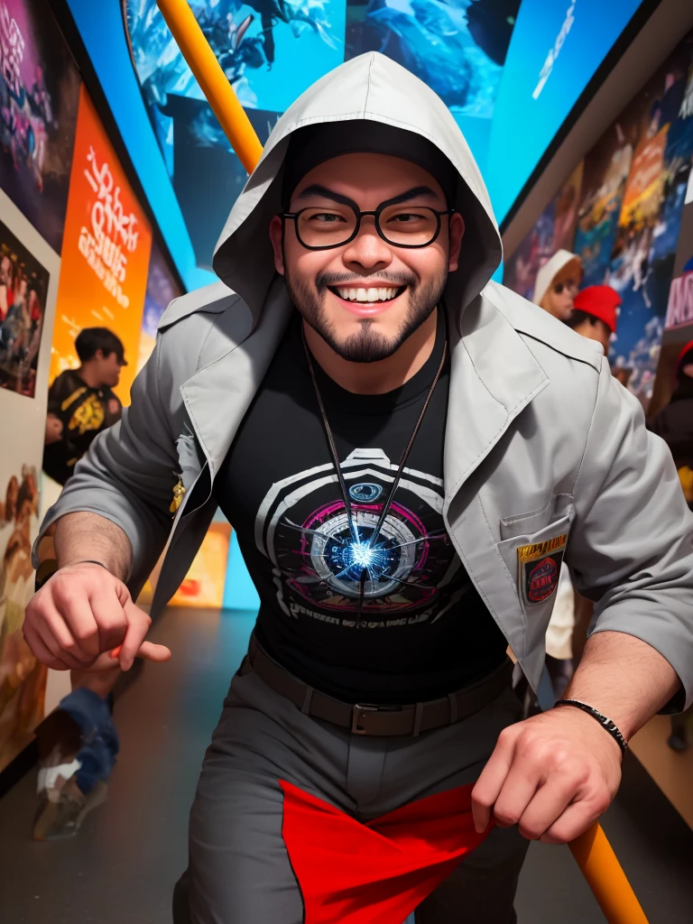 (a man in cosplay with monocular radar, white hood trench coat, black shirt, gray pants, shoes, magic staff),comic convention,illustration, high saturation colors,beautiful detailed eyes and face, round face, short hair, short beard, big pecs, big pectorals, stubbles,smiling expression,casually dressed,unique clothing,futuristic setting,excited atmosphere,vibrant background,cosplayers in other costumes,eye-catching,attention-grabbing,interactive environment,cosplay contest,creative make-up,playful poses,dynamic composition,energetic poses (best quality,4k,highres:1.2),ultra-detailed,realistic,artistic lighting,strong contrast,shaded areas,pop art style,comic book feel,sharp lines,stylized characters,brilliantly colored,animated experience,stylized scenery,happy vibes), george pei, chris redfield, 