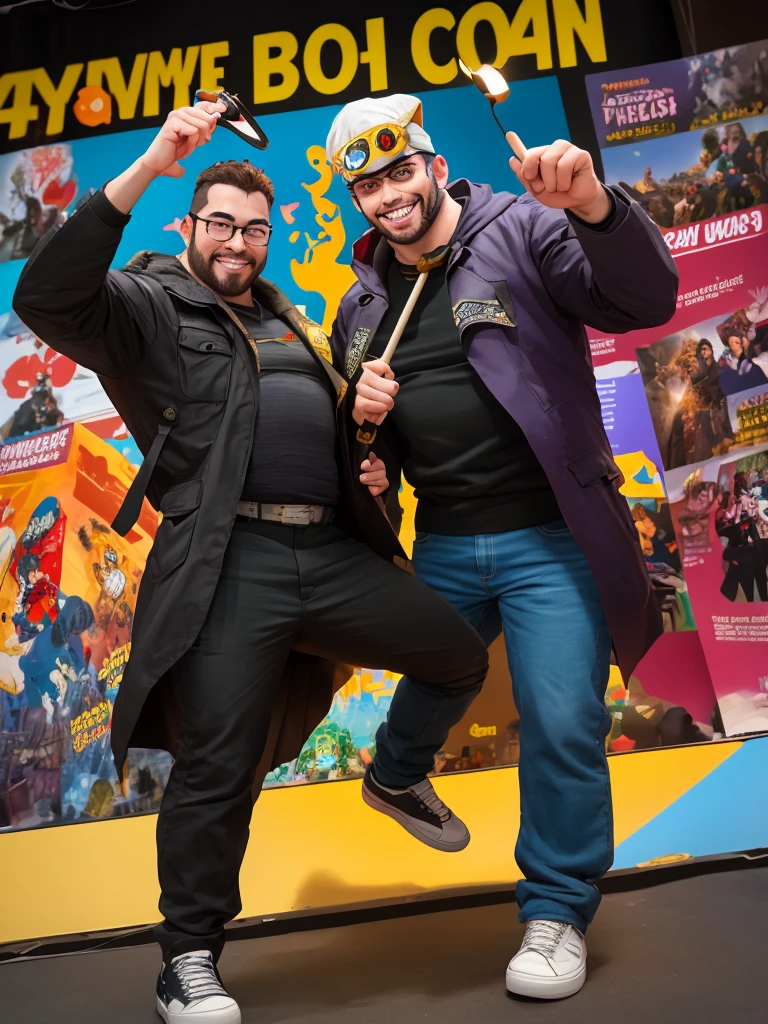 (a man in cosplay with monocular radar, white hood trench coat, black shirt, gray pants, shoes, magic staff),comic convention,illustration, high saturation colors,beautiful detailed eyes and face, round face, short hair, short beard, big pecs, big pectorals, stubbles,smiling expression,casually dressed,unique clothing,futuristic setting,excited atmosphere,vibrant background,cosplayers in other costumes,eye-catching,attention-grabbing,interactive environment,cosplay contest,creative make-up,playful poses,dynamic composition,energetic poses (best quality,4k,highres:1.2),ultra-detailed,realistic,artistic lighting,strong contrast,shaded areas,pop art style,comic book feel,sharp lines,stylized characters,brilliantly colored,animated experience,stylized scenery,happy vibes), george pei, chris redfield,