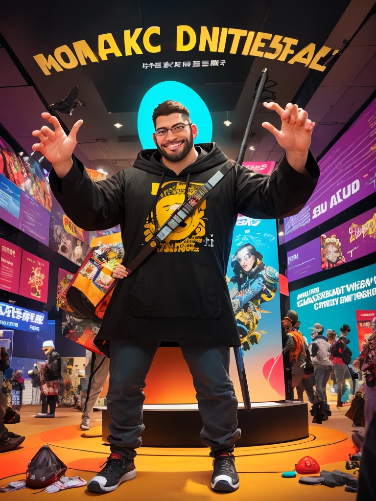 (a man in cosplay with monocular radar, white hood trench coat, black shirt, gray pants, shoes, magic staff),comic convention,illustration, high saturation colors,beautiful detailed eyes and face, round face, short hair, short beard, big pecs, big pectorals, stubbles,smiling expression,casually dressed,unique clothing,futuristic setting,excited atmosphere,vibrant background,cosplayers in other costumes,eye-catching,attention-grabbing,interactive environment,cosplay contest,creative make-up,playful poses,dynamic composition,energetic poses (best quality,4k,highres:1.2),ultra-detailed,realistic,artistic lighting,strong contrast,shaded areas,pop art style,comic book feel,sharp lines,stylized characters,brilliantly colored,animated experience,stylized scenery,happy vibes), george pei, chris redfield,