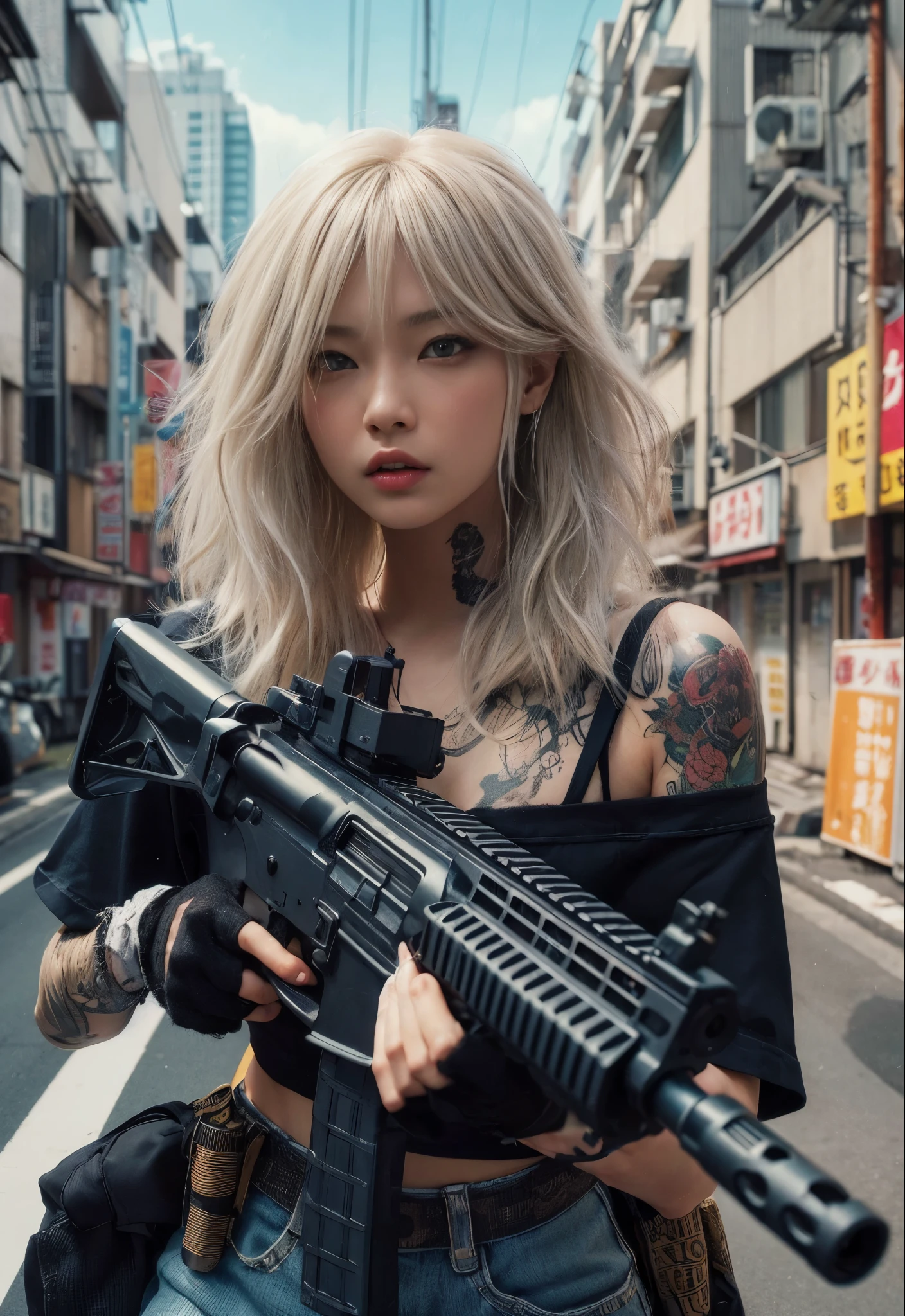 8K, realistic photo, realistic skin texture, Beautiful Japanese female vigilante living in America、A little bit into the future、2050、Blonde punkish hair、rocktshirt、MP5A has a submachine gun、A street lined with old apartments、sneakers、Dynamic pose、Tattoo、Innovative composition、