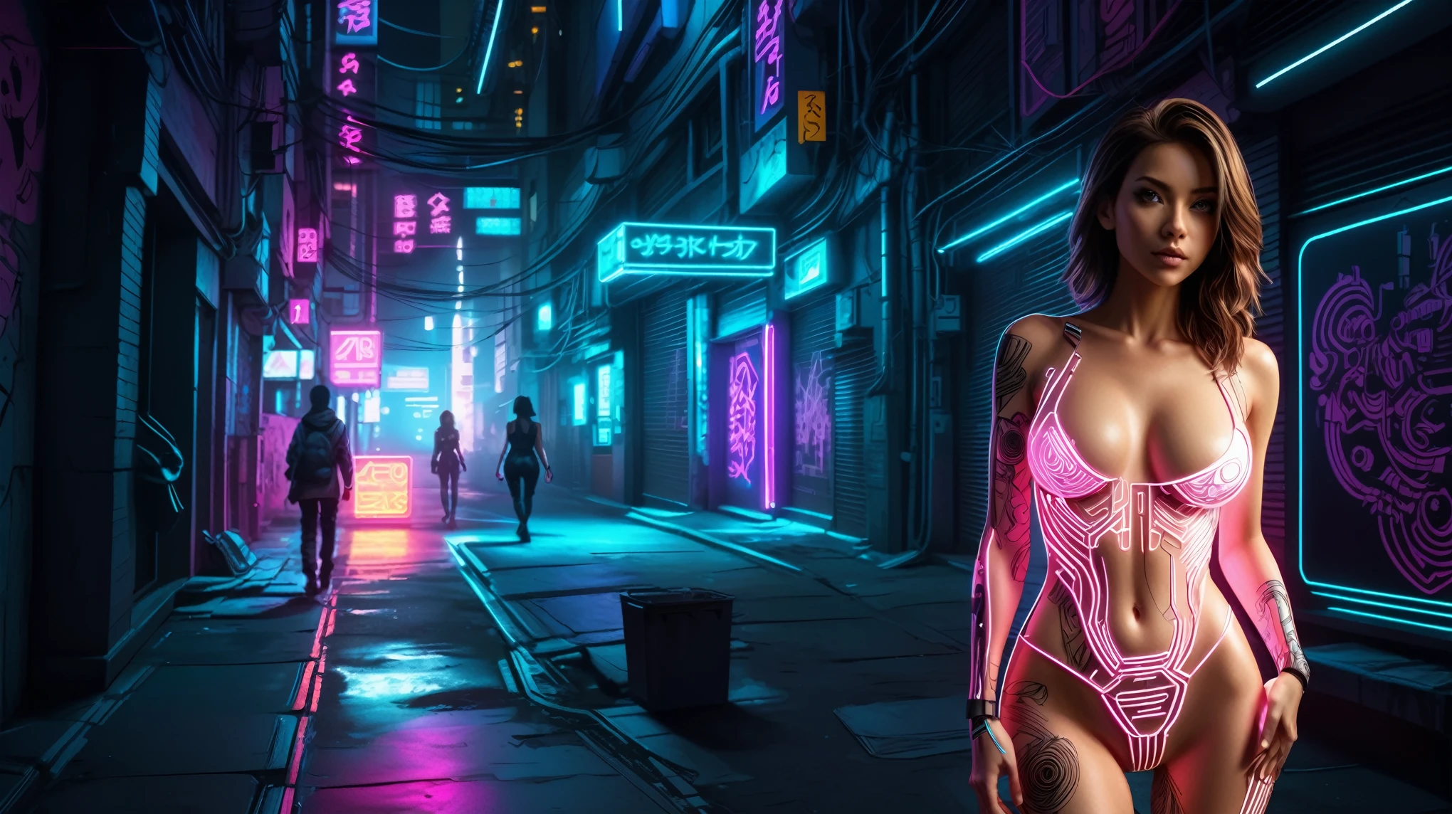 photorealistic medium-breast slim woman walking towards viewer, cyberpunk alley, glowing papercut background,  mad-cybrpprct1, neon lights (masterpiece:1.2), best quality, (hyperdetailed, highest detailed:1.2), high resolution textures