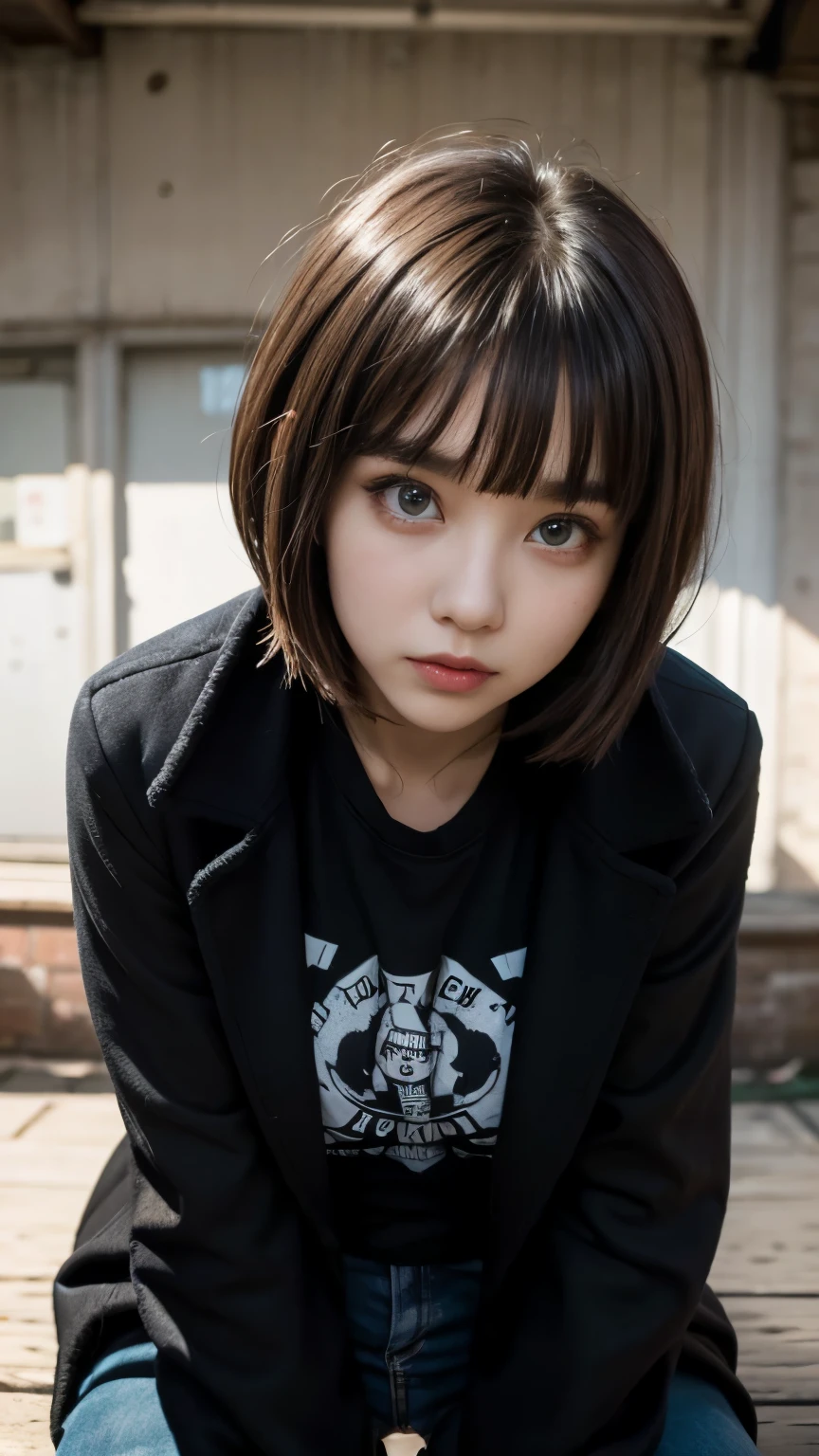 With bangs,Beautiful black hair,Woman with straight medium bob cut,,,21-year-old female,(((No hat))),Aspacarina,((Shy expression)),,,Very beautiful eyes, ,(((Wearing a tattered black coat))),,(make:1.4),Big eyes,Hip Hop Dancer,Gangster style long pants,8k,High resolution,Gangster style,(head shot:1.5)