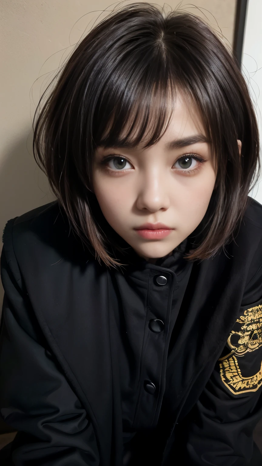 With bangs,Beautiful black hair,Woman with straight medium bob cut,,,21-year-old female,(((No hat))),Aspacarina,((Shy expression)),,,Very beautiful eyes, ,(((Wearing a tattered black coat))),,(make:1.4),Big eyes,Hip Hop Dancer,Gangster style long pants,8k,High resolution,Gangster style,(head shot:1.5)