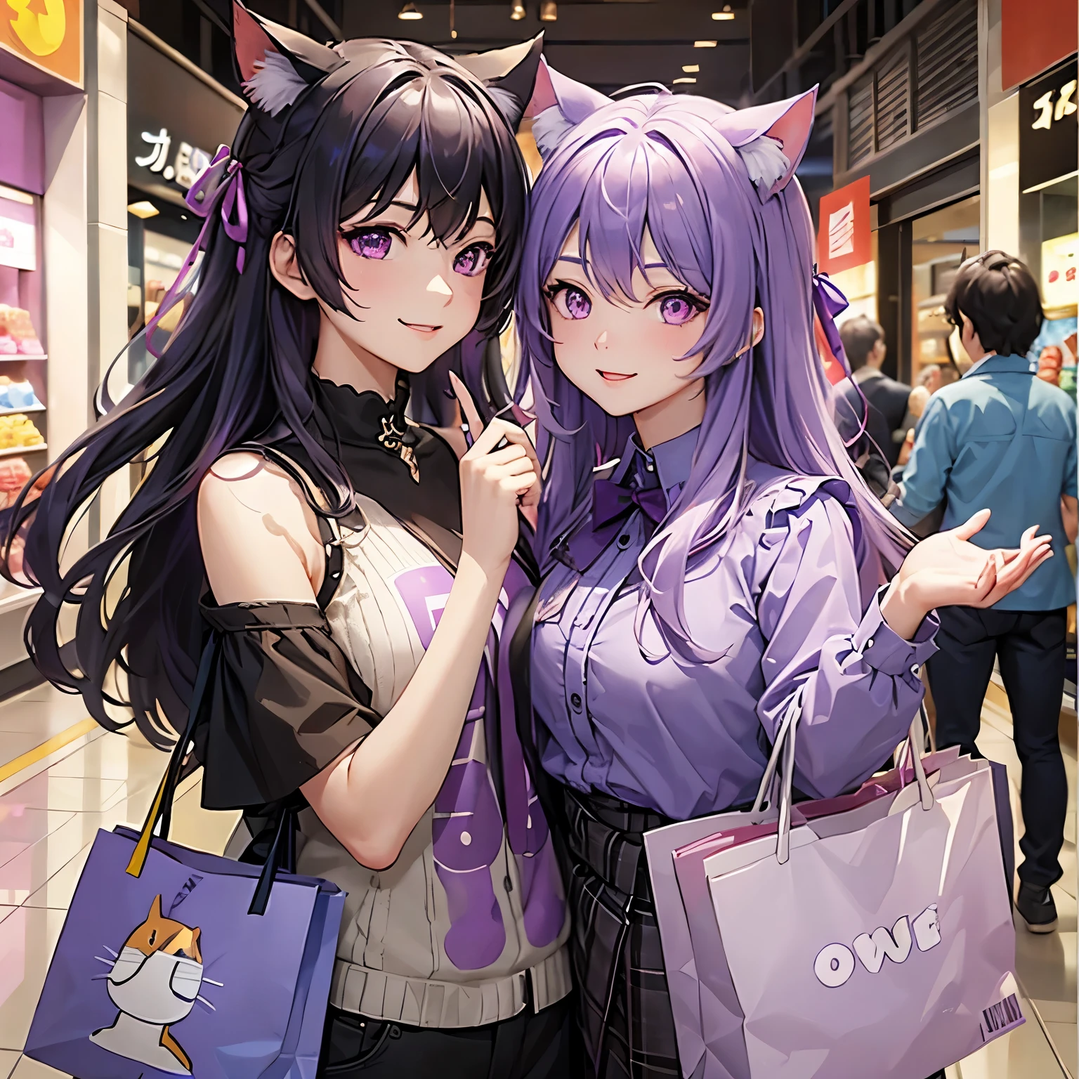 1 adult、1 teenager、Parents and children shopping、background super、smile、Shopping Bag、Cat ears with purple ribbon、Purple Hair、Purple eyes、Purple clothes、calamus