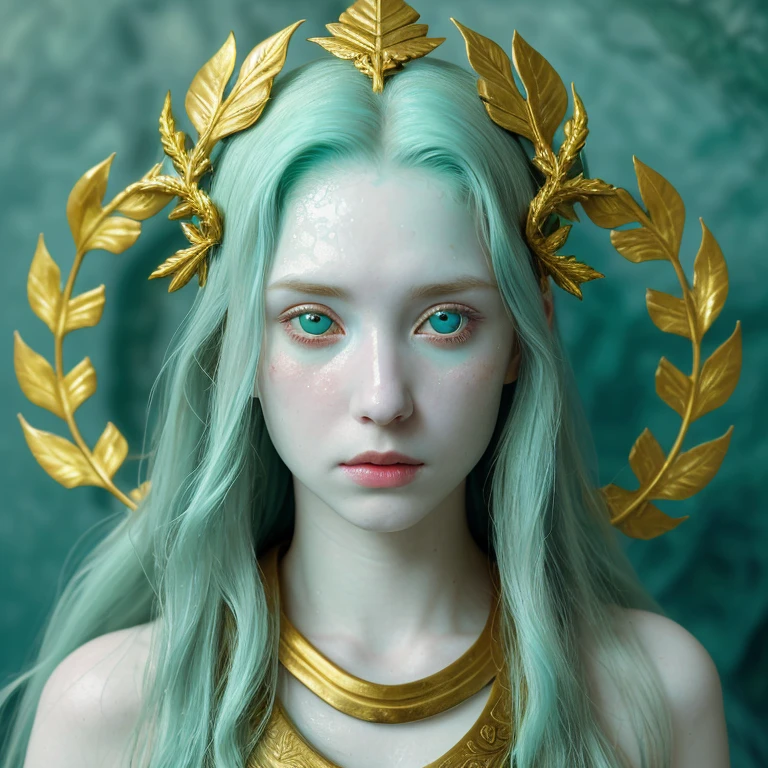 Portrait of a pale goddess, perfect face, hair made of aqua skin tentacles, aqua eyes, golden laurel wreath, Shock of Gold, Roman clothes