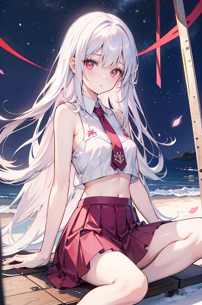 Be a girl with a pink complexion, beautiful eyes (Red Eyes) Deep as the night sky, Half of a sad face lying on the table, white hair, Watching you, There is anime/Semi-realistic art style，Cross-shaped pupil, Bikini，miniskirt，Pleated Skirt，shy，Legs open，Kneeling，Sitting on the bed wearing JK, Medium breasts,Lower breasts