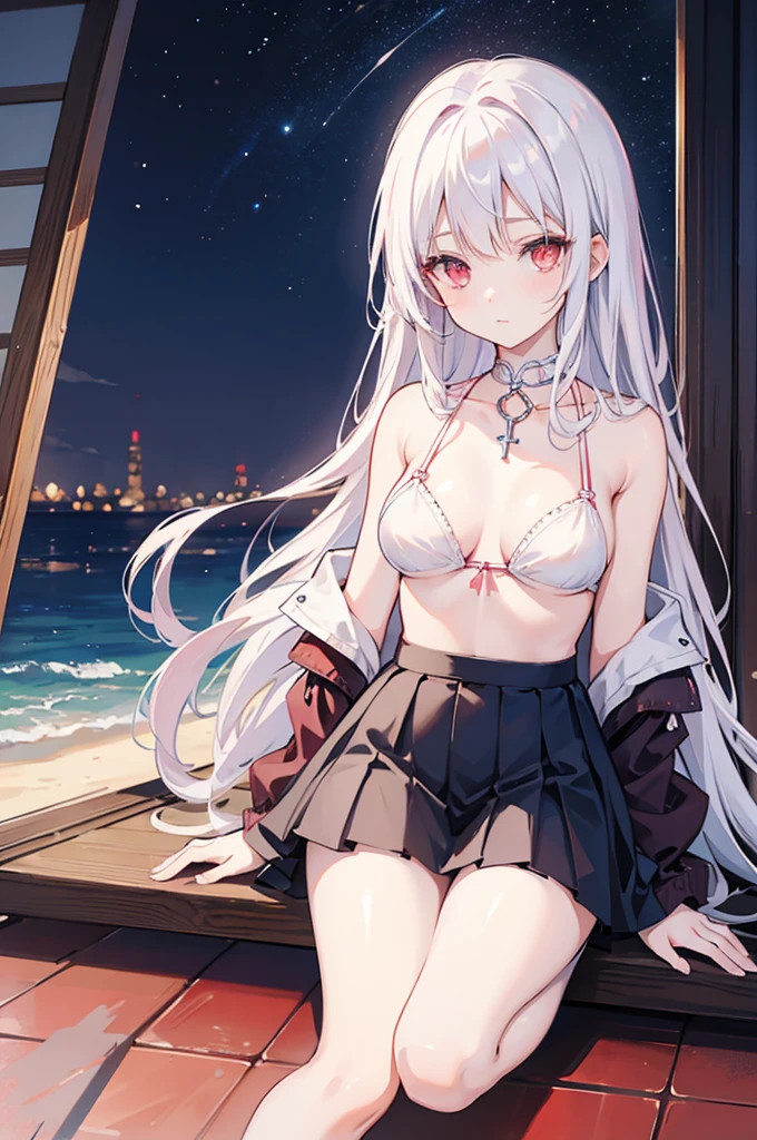 Be a girl with a pink complexion, beautiful eyes (Red Eyes) Deep as the night sky, Half of a sad face lying on the table, white hair, Watching you, There is anime/Semi-realistic art style,Cross-shaped pupil, Bikini,miniskirt,Pleated Skirt,shy,Legs open,Kneeling,Sitting on the bed wearing JK, Medium breasts,Lower breasts