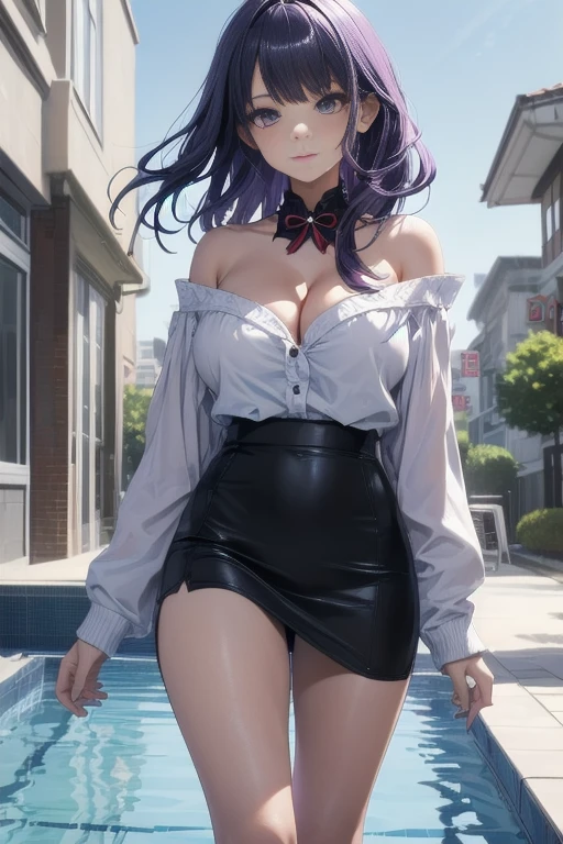 very cute and beautiful girl,tall,(highly detailed beautiful face and eyes:1.2), purple hair,office lady,bare shoulders, black pencil skirt,thighs, (large breast:1.2),thighs focus, You can see the cleavage,standing,stylish pose,looking at viewer,Thin face,nice face,Clear face,pool side,distant school building,(long and beautiful legs:1.2) (best quality,masterpiece:1.2),highres,extremely detailed,solo, hair fluttering in the wind,beautiful detailed sky,perfect hands,Raiden Shogun,sexy