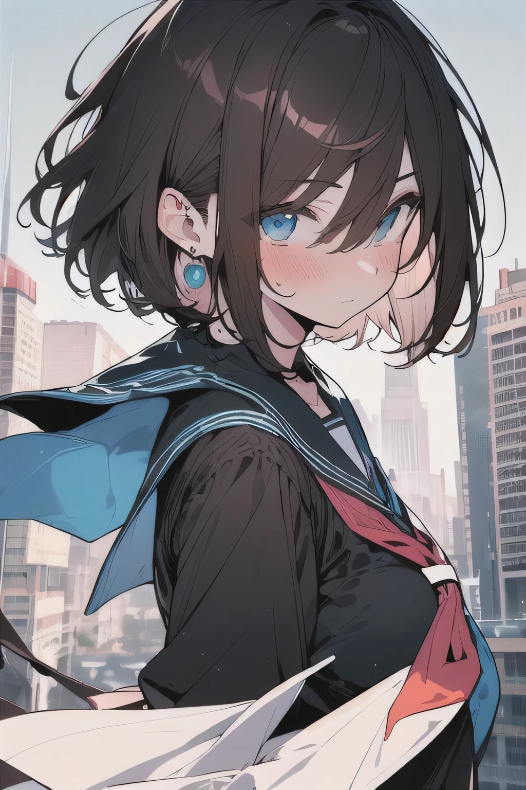 (best quality), (Super detailed), (Best Illustration), (masterpiece), (woman), high contrast, {(white serafuku:1.2)}, (large breasts), {brown hair, (sideburns), (bob cut:1.3), curly hair, hairs between eyes, colored inner hair}, {(detailed eyes), blue eyes}, blush, earring, wind, (city landscape)