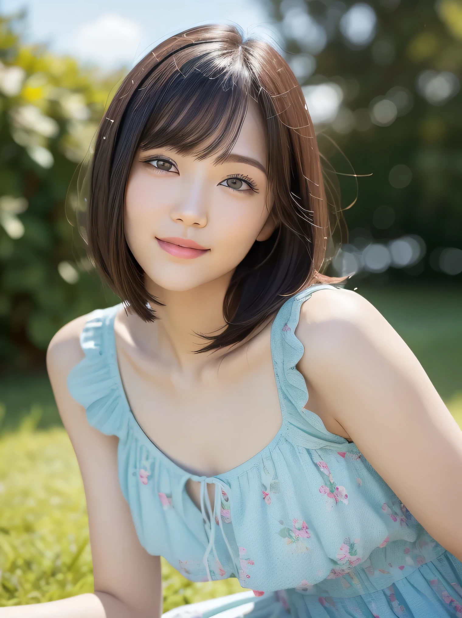 (highest quality:1.5)、(Realistic:1.5)、(1 person:1.5)、(Upper Body:1.5)、Very detailed、High resolution、8k wallpaper、、Small breasts、Natural color lips、Cute Smile、Japanese women、20-year-old girl、Beautiful and elegant face、Perfect and beautiful face、Big eyes、Brunette eyes、Beautiful and elegant face、Natural double eyelids、Natural Bangs、Beautiful thin nose、Beautiful Skin、Chestnut Hair、Medium Bob Hair、Short Hair、Natural Bangs、Perfect and beautiful face、Slim face and figure、(Looking at the camera with a cute expression)、Bright lighting、Professional Lighting、Forward lighting、Cute Smile、Summer blue sky、Grass park on the mountain、Look at the viewers、Low-angle composition、(Staring at the camera with a cute expression)、Bright lighting、Professional Lighting、Forward lighting、Cute Smile、Beautiful clavicle、Beautiful feet:1.2、Smooth Skin、White floral dress、Sit on the grass、Sit down、Leaning forward、Shots from low angles、
