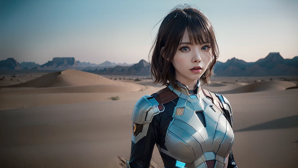 Futuristic Battlesuit, desert, (Inspired by the Avengers), Tight gel suit, Long leggings, Machine Maiden, (8k, RAW Photos, Realistic: 1, 25), (Lots of lip gloss, Lots of eyelashes, Better Quality, Ultra-high resolution, Depth of written boundary, chromatic aberration, Broadlight, Colnatural, Vision (1:2)