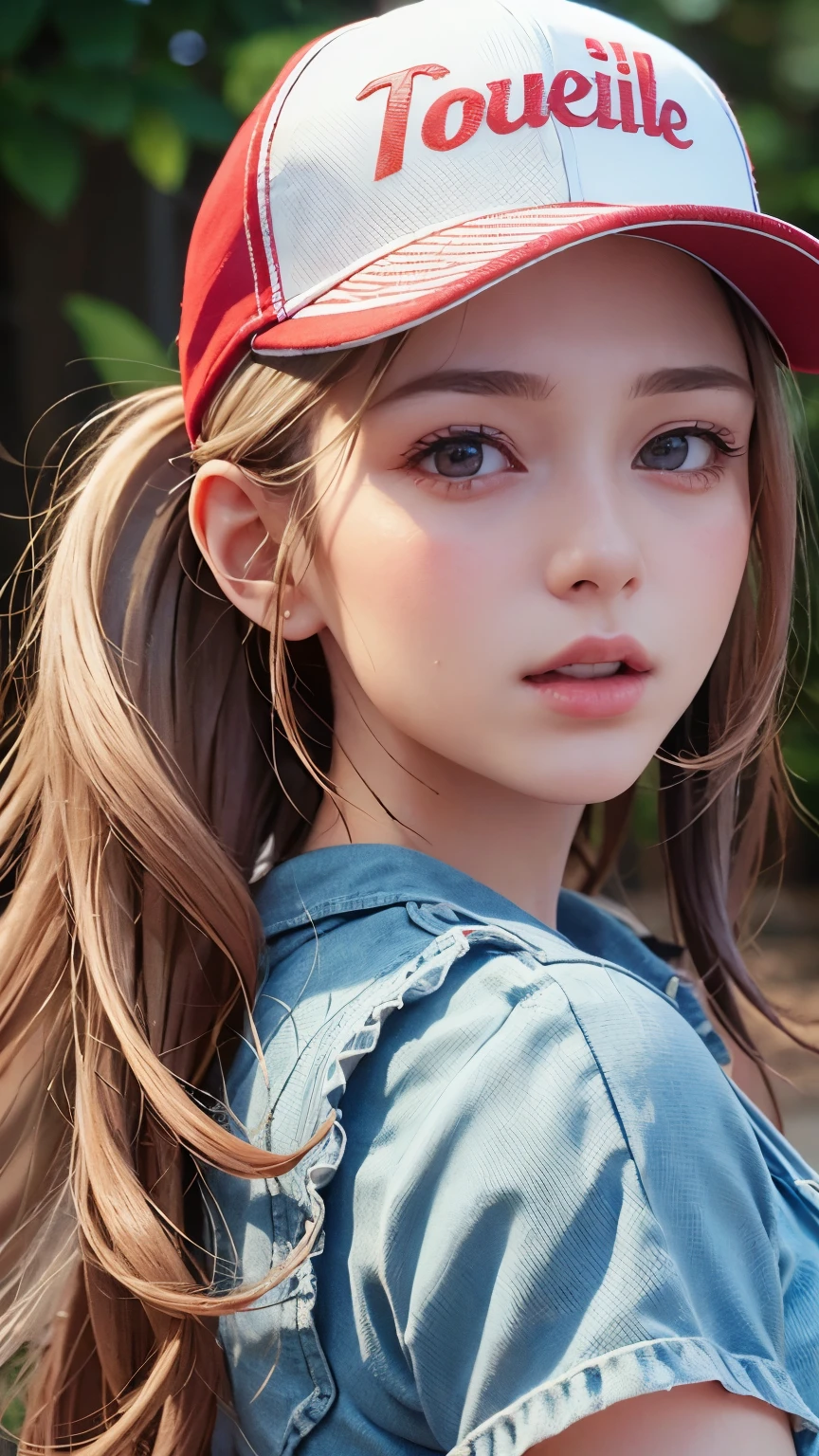 One girl, Terry Bogard Girl, Blonde, ponytail, blue eyes, Baseball cap, Eyes focus, Beautiful park background (8k), (highest quality), (masterpiece:1.2), (Realistic), (Very detailed), (Fine grain:1.2), (Detailed face:1.2), (realism:1.2), (super high quality), (Complex), (85mm), Particles of light, Lighting, (Very detailed:1.2), (Gradation), Colorful, SFW, Dawn, alone