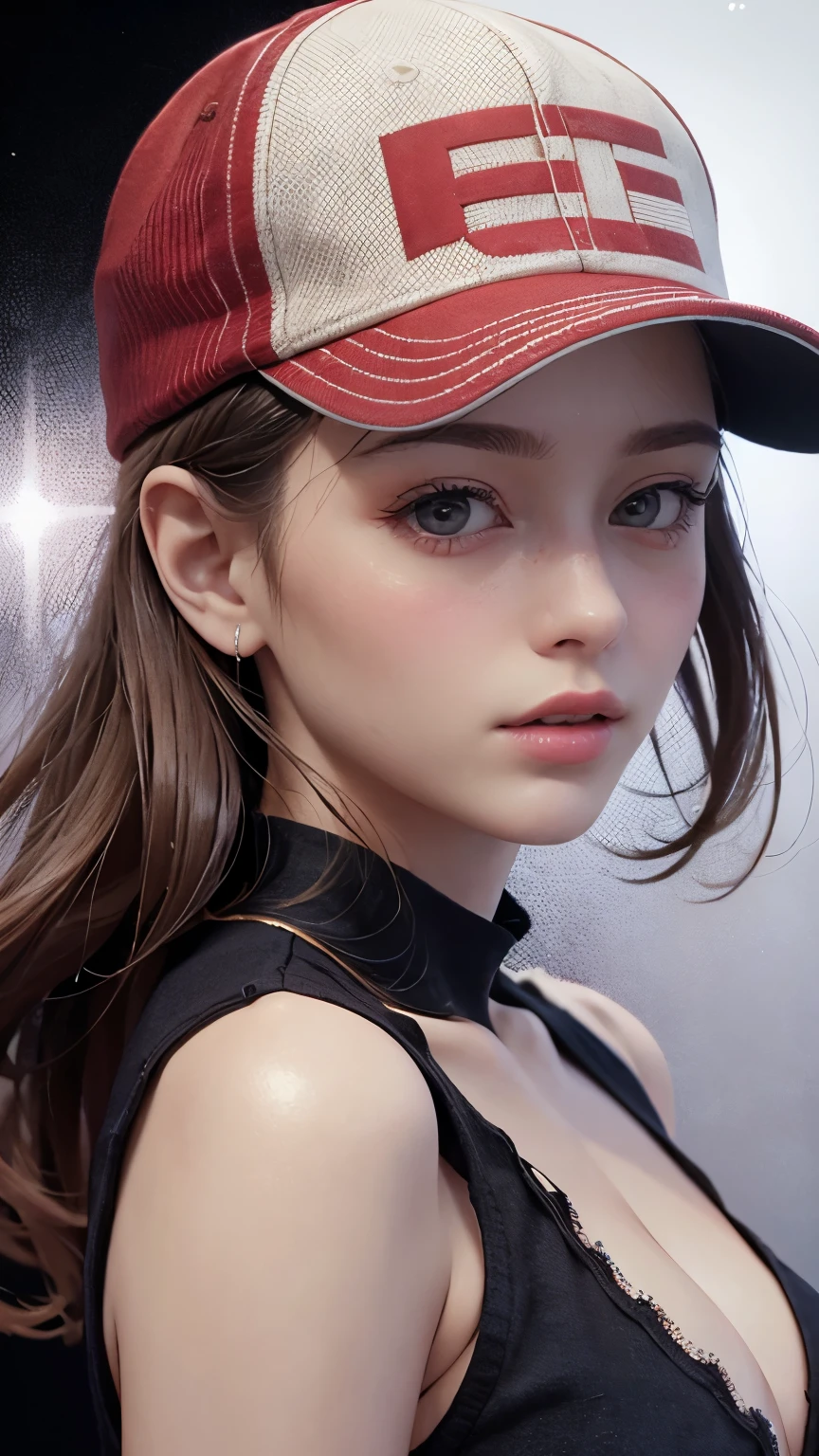 One girl, Terry Bogard Girl, Blonde, ponytail, blue eyes, Baseball cap, Eyes focus, Beautiful park background (8k), (highest quality), (masterpiece:1.2), (Realistic), (Very detailed), (Fine grain:1.2), (Detailed face:1.2), (realism:1.2), (super high quality), (Complex), (85mm), Particles of light, Lighting, (Very detailed:1.2), (Gradation), Colorful, SFW, Dawn, alone