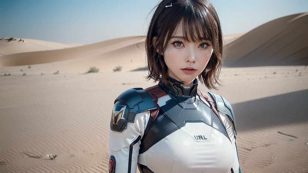 (Futuristic Battlesuit), desert, (Inspired by the Avengers), Tight gel suit, Long leggings, Machine Maiden, (8k, RAW Photos, Realistic: 1, 25), (Lots of lip gloss, Lots of eyelashes, Better Quality, Ultra-high resolution, Depth of written boundary, chromatic aberration, Broadlight, Colnatural, Vision (1:2)