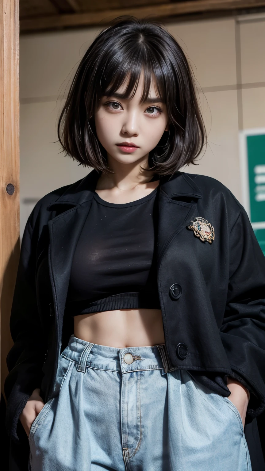 With bangs,Beautiful black hair,Woman with straight medium bob cut,,,21-year-old female,(((No hat))),Aspacarina,((Shy expression)),,,Very beautiful eyes, ,(((Wearing a tattered black coat))),,(make:1.4),Big eyes,Hip Hop Dancer,Gangster style long pants,8k,High resolution,Gangster style,(head shot:1.5)