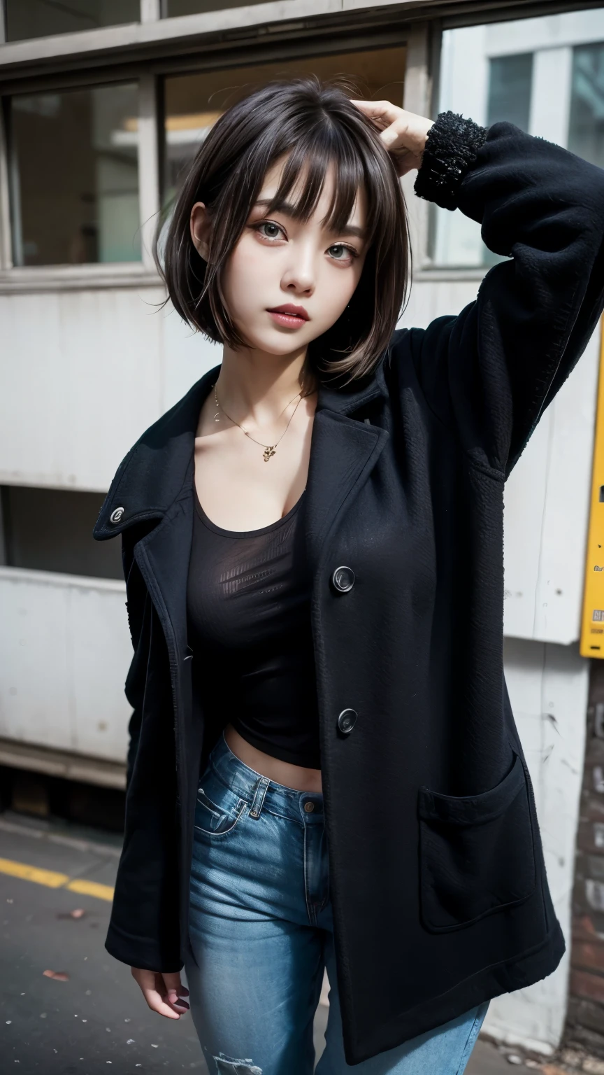 With bangs,Beautiful black hair,Woman with straight medium bob cut,,,21-year-old female,(((No hat))),Aspacarina,((Shy expression)),,,Very beautiful eyes, ,(((Wearing a tattered black coat))),,(make:1.4),Big eyes,Hip Hop Dancer,Gangster style long pants,8k,High resolution,Gangster style,(head shot:1.5)