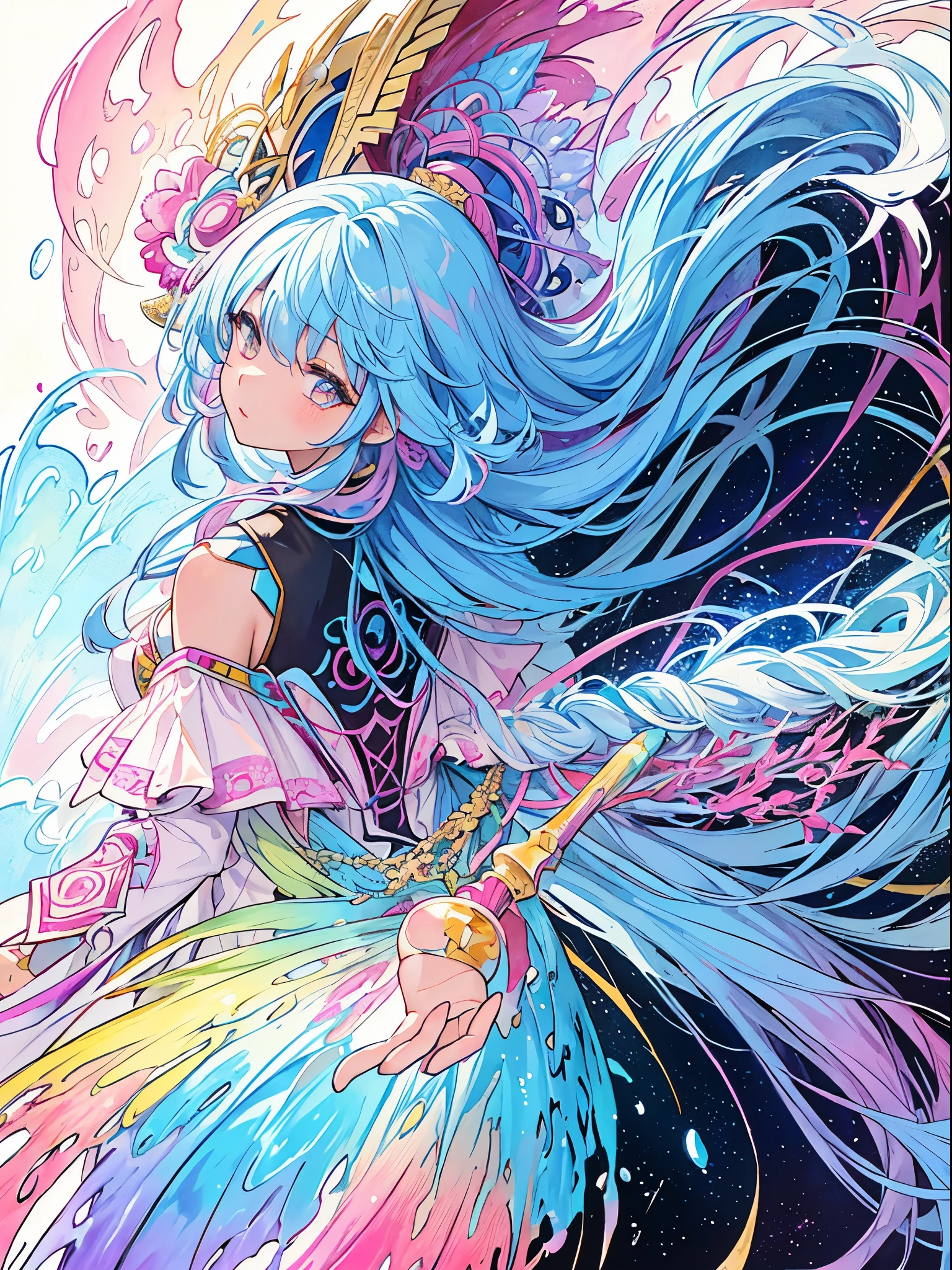 (​masterpiece、top-quality、top-quality、watercolor paiting(afro)、brown skin, Official Art、Beautifully Aesthetic:1.2)、(1girl in:1.3)、(Fractal art:1.3)、The upper part of the body、from side、looking at the viewers、patterns、(blue-colored hair、colourful hair、Half blue and half pink hair:1.2)、Eau、liquids、​​clouds、colourfull、starrysky、stele、Splashes of bright colors、Rough kanji、