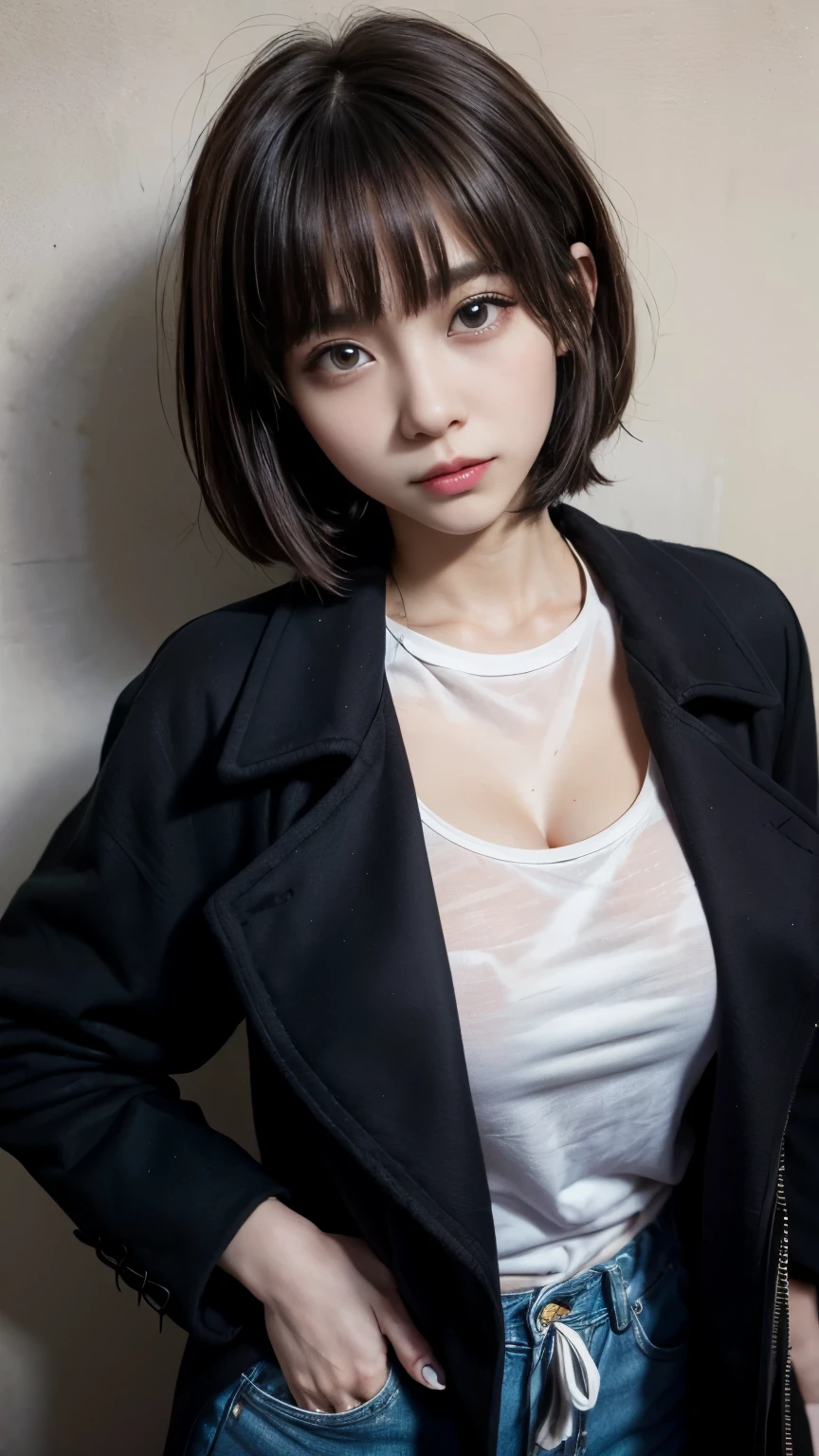 With bangs,Beautiful black hair,Woman with straight medium bob cut,,,21-year-old female,(((No hat))),Aspacarina,((Shy expression)),,,Very beautiful eyes, ,(((Wearing a tattered black coat))),,(make:1.4),Big eyes,Hip Hop Dancer,Gangster style long pants,8k,High resolution,Gangster style,(head shot:1.5)