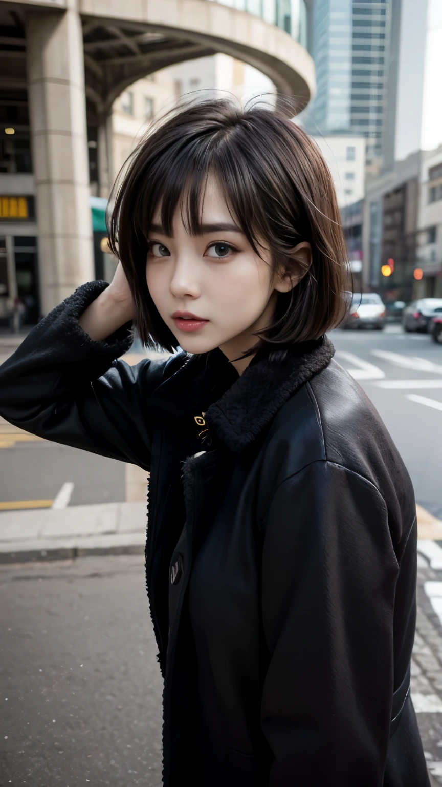 With bangs,Beautiful black hair,Woman with straight medium bob cut,,,21-year-old female,(((No hat))),Aspacarina,((Shy expression)),,,Very beautiful eyes, ,(((Wearing a tattered black coat))),,(make:1.4),Big eyes,Hip Hop Dancer,Gangster style long pants,8k,High resolution,Gangster style,(head shot:1.5)