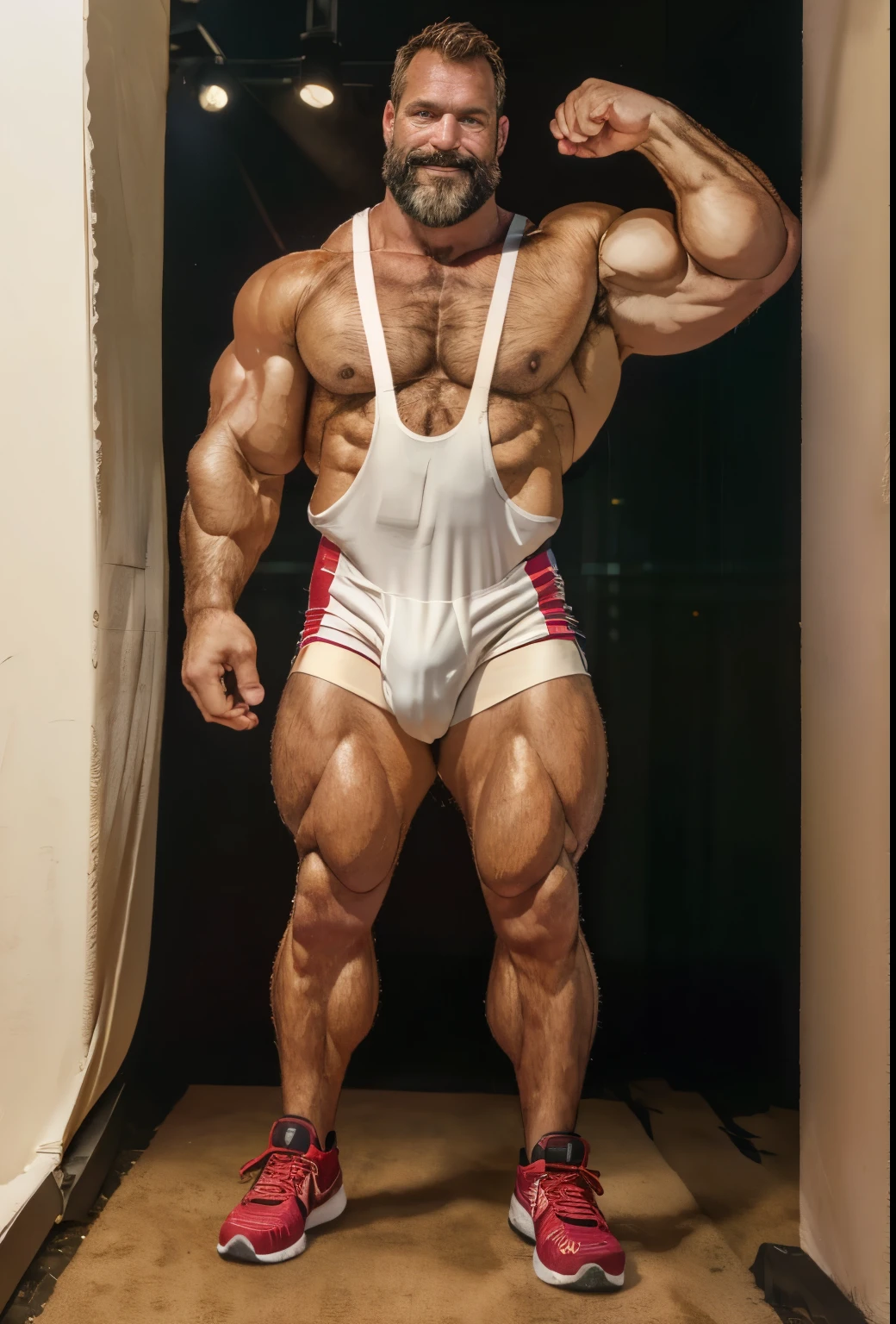 An award-winning original photo,A wild muscular man, (40 years old daddy:1.1), 1boy, Solo, wrestling singlet, (big shoulders), musculature, stubbles, Short beard, Beautiful eyes:1.3, ), (Detailed face:1.3), smiles, Dynamic Angle, volumetric lighting, (Best quality, A high resolution, Photorealistic), Cinematic lighting, Masterpiece, RAW photo, Intricate details, hdr, depth of field, upper body shot, golden hour light, full body visible, nice bulge, nicebulge(!), wearing cool sneakers