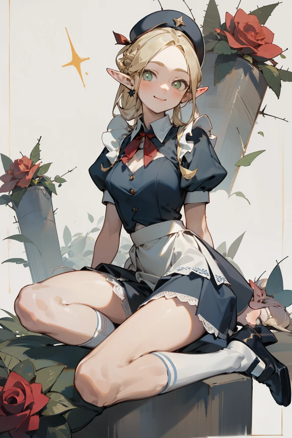 一个穿着比基尼maid uniform、Blonde girl wearing hat and silver accessories ,elegant, Pointed ears ，maid uniform，Waist-length hair，Smile，Star decoration，White lace socks，thorns，Rose，Vest line