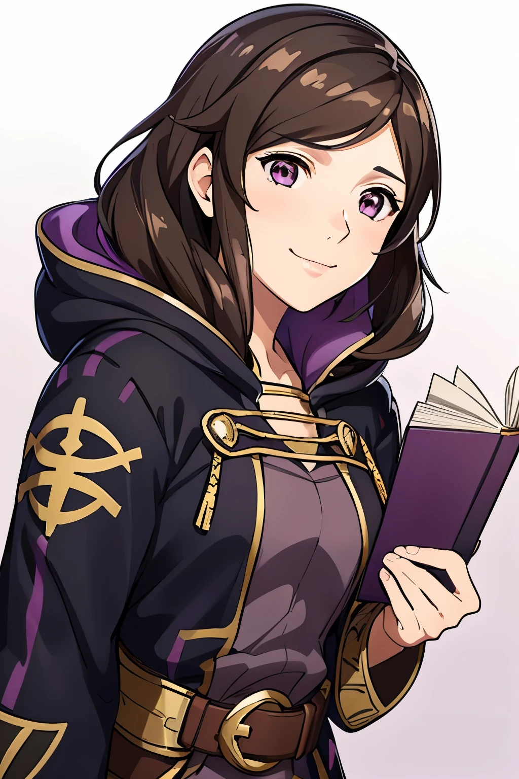 (high-quality, breathtaking),(expressive eyes, perfect face) 1girl, female, solo, portrait, Fire Emblem Awakening, Symmetrical Eyes, black background, Robin (Fire Emblem: Awakening), dark Brown hair color, short hair length, messy wavy hair, hair ornament, upper body, pink eyes, Black and purple robe, gold trim, hood, black shirt, brown belt, tomb, cute smile, detailed eyes, adorable face, short height, Grima, holding book, female robin (fire emblem), dark brown hair
