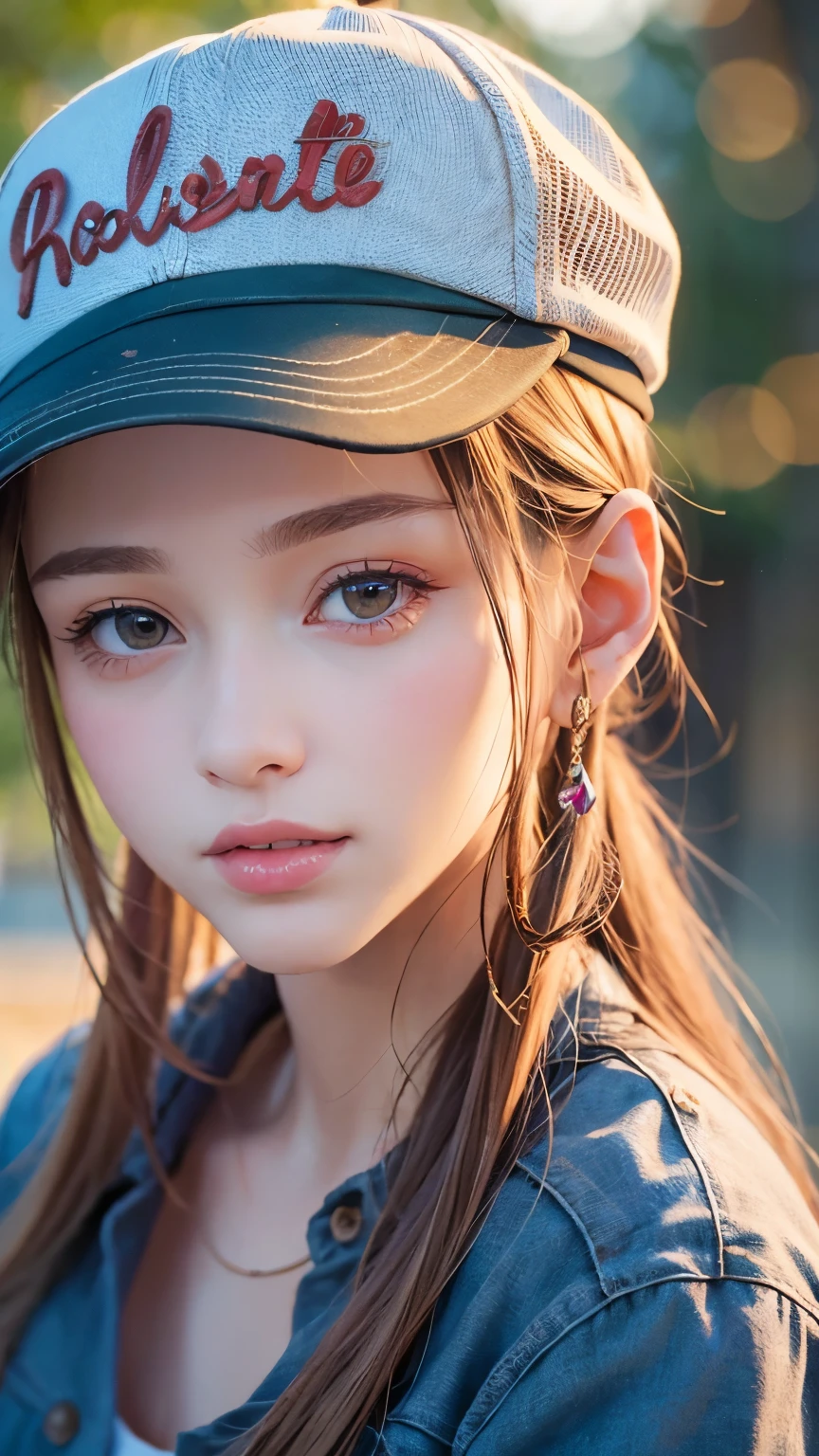 One girl, Terry Bogard Girl, Blonde, ponytail, blue eyes, Baseball cap, Eyes focus, Beautiful park background (8k), (highest quality), (masterpiece:1.2), (Realistic), (Very detailed), (Fine grain:1.2), (Detailed face:1.2), (realism:1.2), (super high quality), (Complex), (85mm), Particles of light, Lighting, (Very detailed:1.2), (Gradation), Colorful, SFW, Dawn, alone