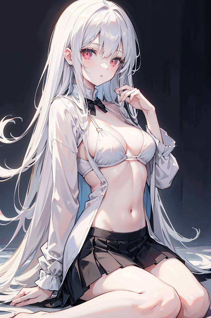 A girl with long white hair, White skin, and red eyes, In the forest under movie lights, Dark and low light. She wore a white dress with golden accents, Her eyes focused, Looking at the audience. Her skin is very fair, Her face is delicate and perfect, masterpiece, Highest quality artwork. This image is an extremely detailed 8K CG wallpaper, Film-like tones with artistic film lighting and neutral filter,Cross-shaped pupil, Bikini,miniskirt,Pleated Skirt,shy,Legs open,Kneeling,Sitting on the bed wearing JK, Medium breasts,Lower breasts