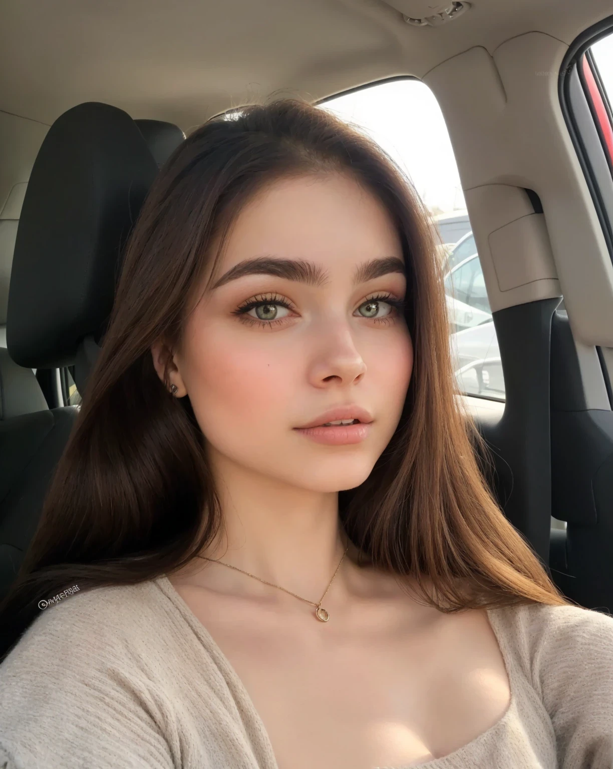 Arafed woman with long hair and a sweater sitting in a car., 19 year old girl, 18 years, pale skin persian girl, hermosos rasgos faciales finos, natural soft pale skin, chica sexy con ojos verdes, cara hermosa y atractiva, Muchacha atractiva, brown hair and big eyes, cara perfecta ), sonrisa sensual