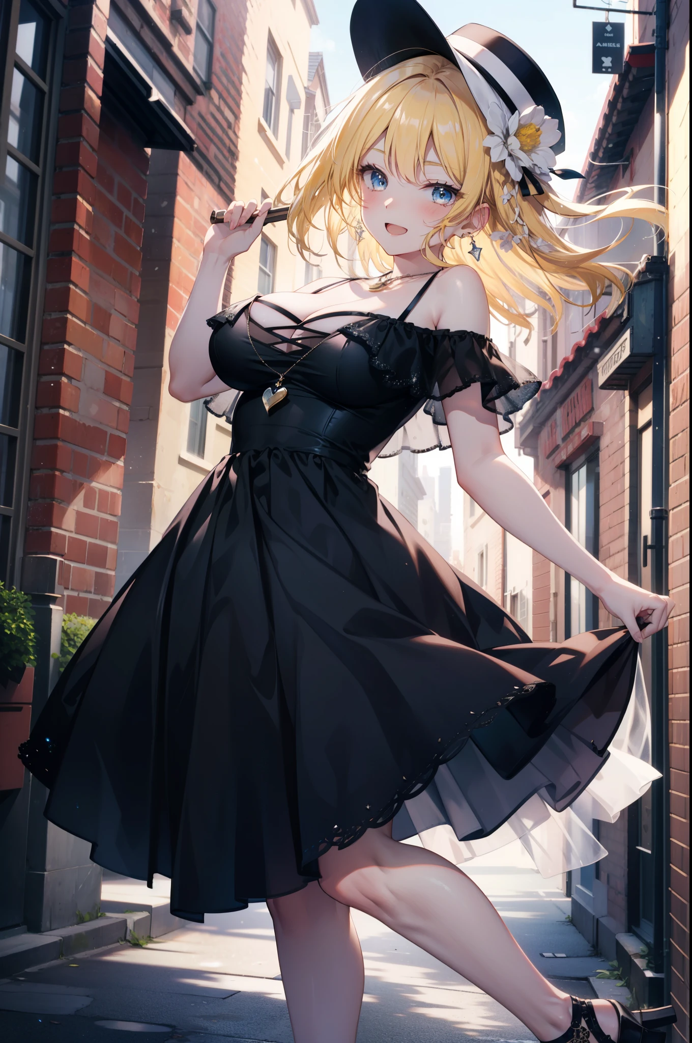 Eliase, catalyst, Yellow Hair, blue eyes,Long Hair,White hat,, Big Breasts,Bare shoulders,Bare arms,bare clavicle,Bare neck,Locket Necklace,happy smile, smile, Open your mouth,Off-the-shoulder sleeveless dress,Long skirt,Heeled Sandals,True Summer,Daytime,Clear skies,
break looking at viewer,
break outdoors, In town,Building district,
break (masterpiece:1.2), highest quality, High resolution, unity 8k wallpaper, (figure:0.8), (Beautiful fine details:1.6), Highly detailed face, Perfect lighting, Highly detailed CG, (Perfect hands, Perfect Anatomy),