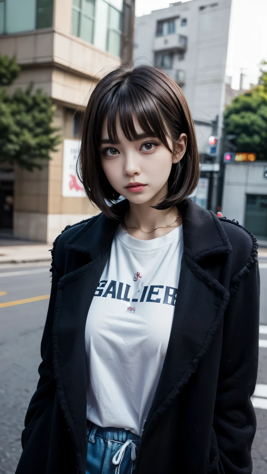 With bangs,Beautiful black hair,Woman with straight medium bob cut,,,21-year-old female,(((No hat))),Aspacarina,((Shy expression)),,,Very beautiful eyes, ,(((Wearing a tattered black coat))),,(make:1.4),Big eyes,Hip Hop Dancer,Gangster style long pants,8k,High resolution,Gangster style,(head shot:1.5)