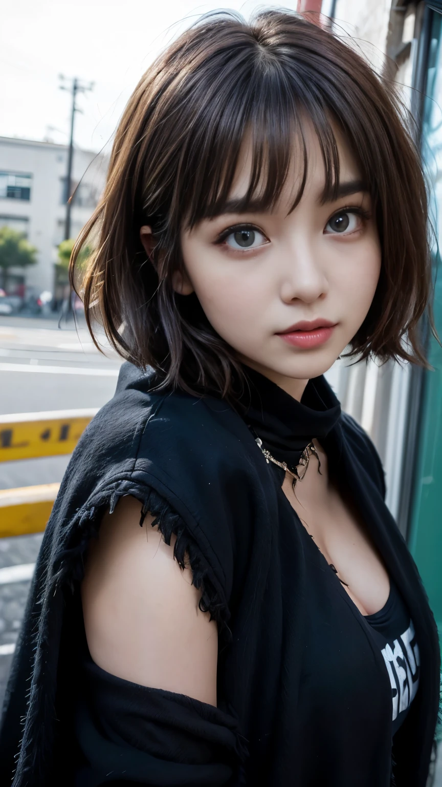 With bangs,Beautiful black hair,Woman with straight medium bob cut,,,21-year-old female,(((No hat))),Aspacarina,((Shy expression)),,,Very beautiful eyes, ,(((Wearing a tattered black coat))),,(make:1.4),Big eyes,Hip Hop Dancer,Gangster style long pants,8k,High resolution,Gangster style,(head shot:1.5)