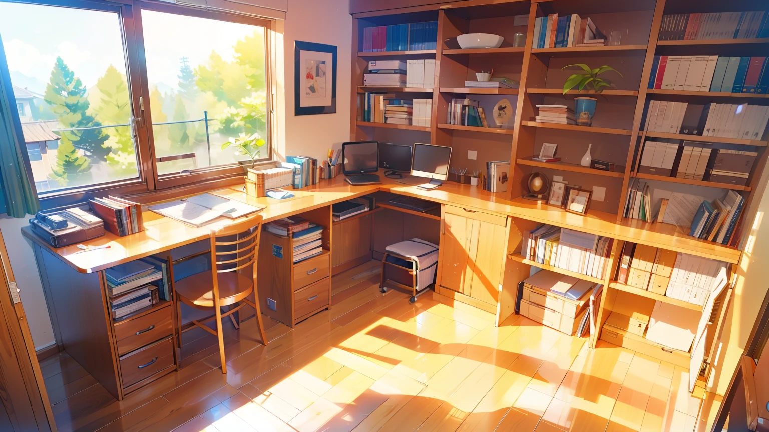 Study、The bookshelf is placed、one desk、One chair、Nobody is here