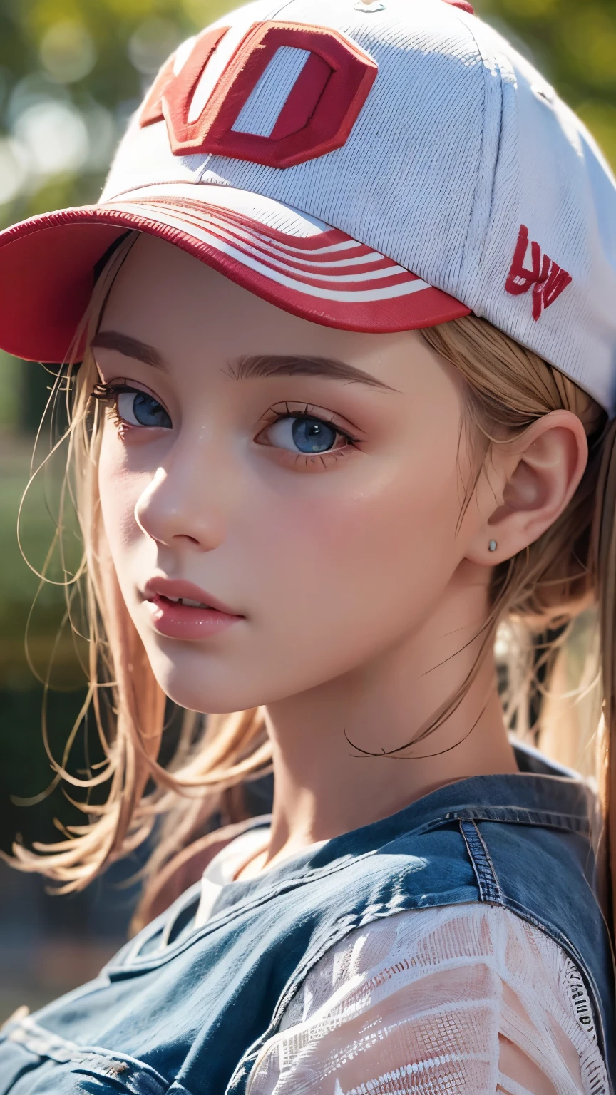 One girl, Terry Bogard Girl, Blonde, ponytail, blue eyes, Baseball cap, Eyes focus, Beautiful park background (8k), (highest quality), (masterpiece:1.2), (Realistic), (Very detailed), (Fine grain:1.2), (Detailed face:1.2), (realism:1.2), (super high quality), (Complex), (85mm), Particles of light, Lighting, (Very detailed:1.2), (Gradation), Colorful, SFW, Dawn, alone