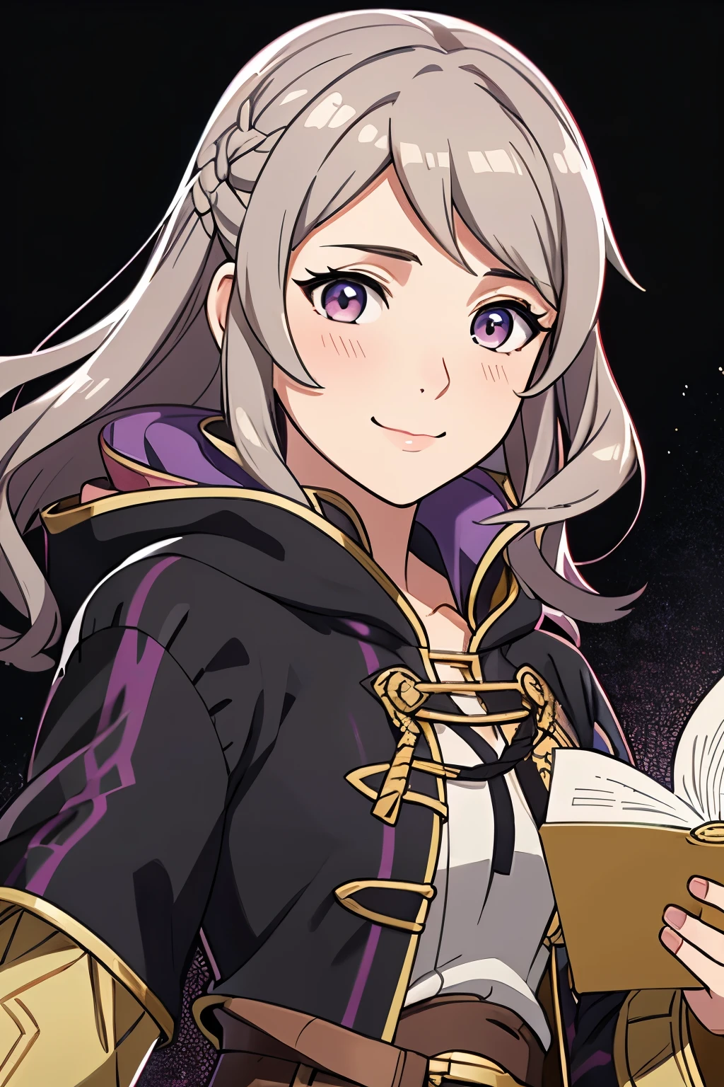 (high-quality, breathtaking),(expressive eyes, perfect face) 1girl, female, solo, portrait, Fire Emblem Awakening, Symmetrical Eyes, black background, Robin (Fire Emblem: Awakening), dark Brown hair color, short hair length, messy wavy hair, hair ornament, upper body, pink eyes, Black and purple robe, gold trim, hood, black shirt, brown belt, tomb, cute smile, detailed eyes, adorable face, short height, Grima, holding book, female robin (fire emblem), dark brown hair
