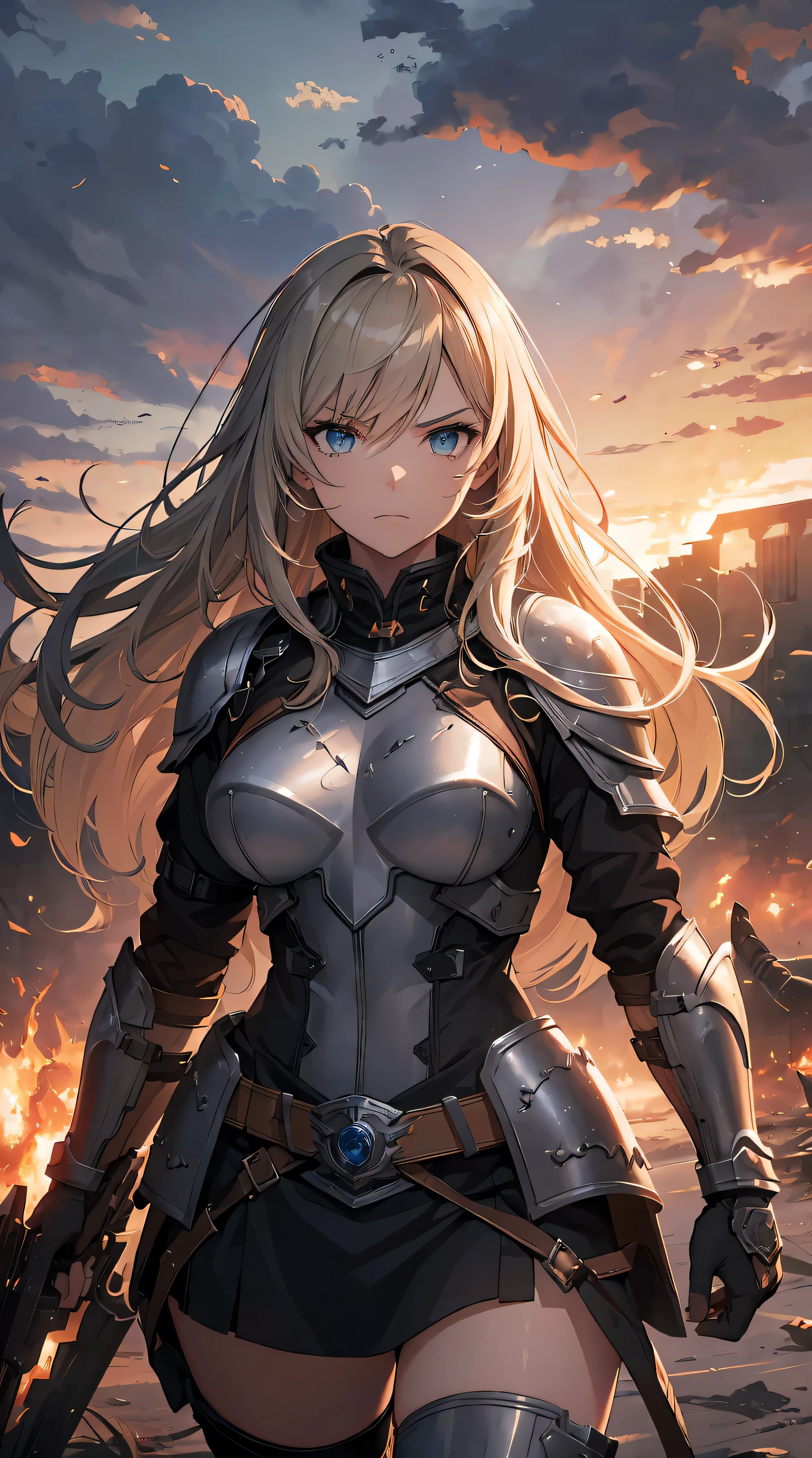 (mejor calidad,4k,8k,high resolution,Obra maestra:1.2),ultra detallado,realista,Physically based representation,Mujer en batalla,princesa guerrera,ojos expresivos,fierce expression,cara determinada,fuerte y confiado,hermosa armadura detallada,espada y escudo brillantes,cabello suelto en el viento, dynamic pose,Paisaje del campo de batalla,humo y fuego,flechas y lanzas voladoras,stormy sky with dramatic clouds,campo de batalla polvoriento,guerrero rodeado de enemigos,intense action scene,EPIC BATTLE,paisaje devastado por la guerra,vivid colors,contraste de luces y sombras,dramatic lighting,textura rica,gritty and realista style.