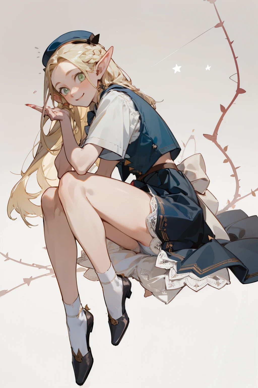 A girl wearing a hat and wearing JK，(masterpiece, best quality) detailed,silver accessories , Blonde ,elegant, Pointed ears ，Lace underwear，Double tail，Waist-length hair，Smile，Star decoration，White lace socks，thorns，Rose，Vest line