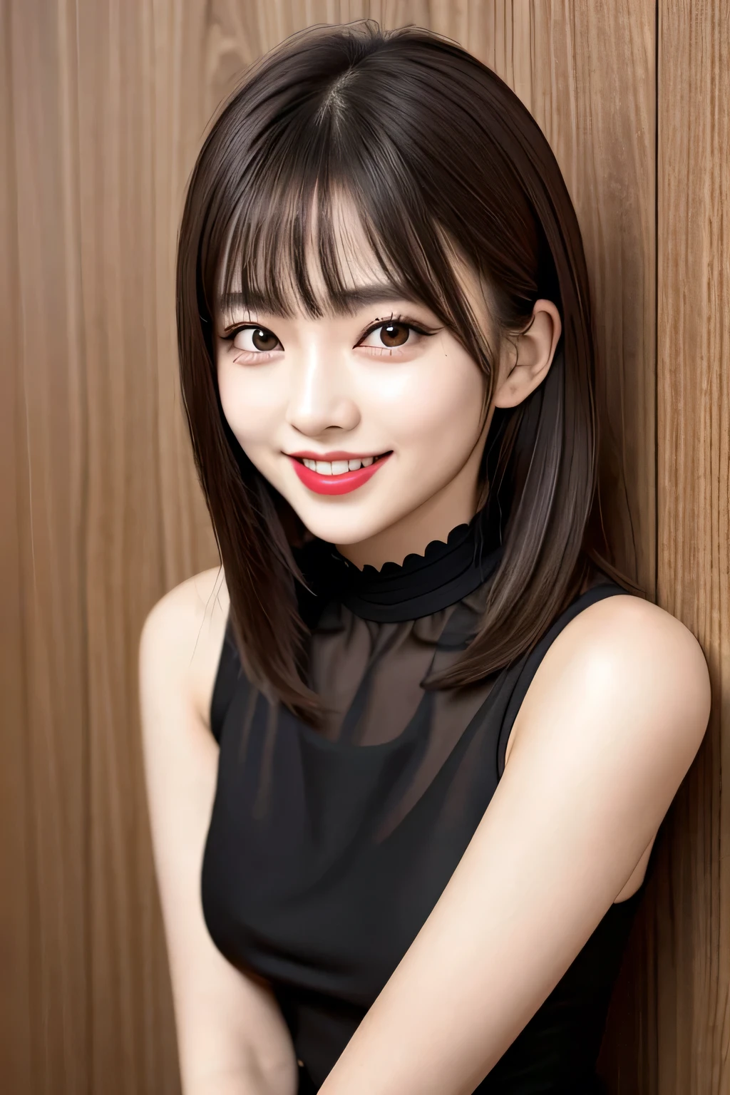 ((masterpiece, highest quality)), Edge Quality,
alone, One girl, Edge Gesugao, Sadistic smile, Long Hair, bangs, Grin, Wicked Smile, Edge Gesugao, facial expression , Black choker, Long eyelashes, (Bright red eyes), Slim body, ((Slim face, Brown Hair)), Red Lip, Lavender Chinese dress, Slim face, Big Breasts、Wooden wall, NSFW:-1.2
