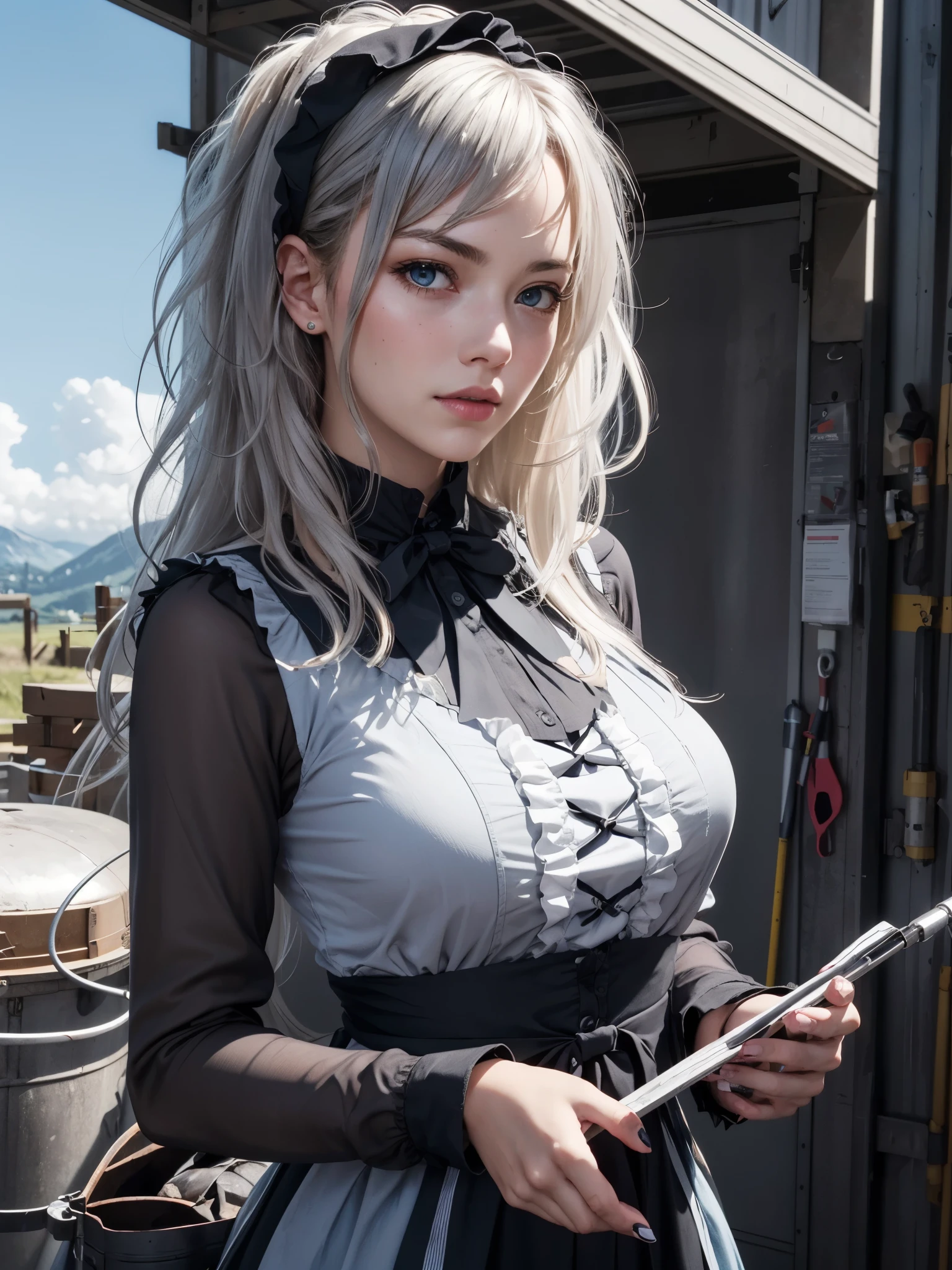 (girl with dry messy hair:1.4), BREAK, 1girl, detailed face, (super details very long dry hair:1.2), sideswept, (thick messy hair, hair strands:1.2), very tight v-neck long sleeve shirt, full breasts, working at workshop, mechanical tools, side lighting, masterpiece, (realistic:1.3), gothic ta, detailed frills, vertical roll pannier, switzerland, gray hair, sky blue eyes, pink lips,