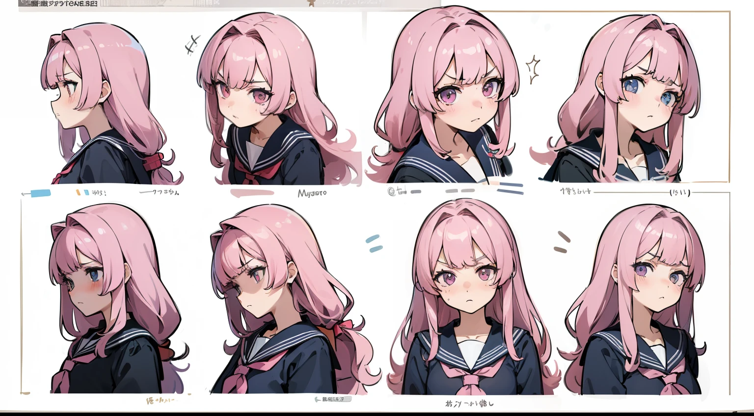 ((masterpiece, highest quality)), Detailed face, Character Sheet, whole body, Full of details, Various poses and expressions, Very detailed, depth, Many parts, One girl, , seifuku, Sailor suit, Long sleeve, Pink Hair, Wavy Hair, Long Hair, Blunt bangs, Tsundere, Flat Chest, Angry expression