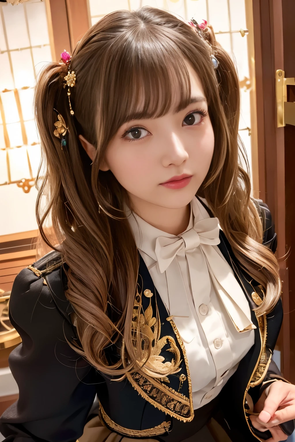 anntakamaki, sorry, Brownish blonde, hair ornaments, Hair Clip, Long Hair, Swept-apart bangs, Twin tails, Wavy Hair,
break , shirt, skirt, Jacket, tie,
break looking at viewer,
break indoors, Shibuya City、Angle from below、ミニskirt、Fisheye Lens、
break (masterpiece:1.2), highest quality, High resolution, unity 8k wallpaper, (figure:0.8), (Beautiful fine details:1.6), Highly detailed face, Perfect lighting, Highly detailed CG, (Perfect hands, Perfect Anatomy),