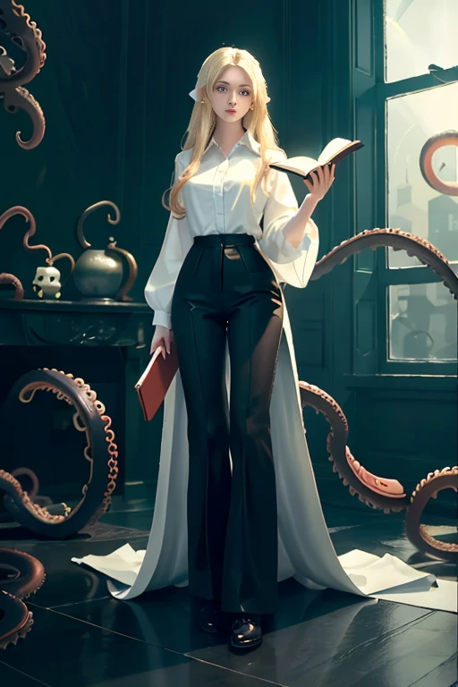 masterpiece, best quality, hyperrealistic, cinematic photo, 14 year old woman, pale skin, British amazing slim body with some curves, ((Tight white blouse)), ((Black trousers)), ((Holding an open book)), long blonde wavy hair, perfect thick legs, wide hips, perfect hands, bare foot, beautiful face, perfect face, youthful, (blured background), modern style, from below, (low-angle shoot), low_angle_human, towering, (full body shot), ((Standing, reading an open book)), underneath shot, (view viewer), looking at viewer,(8k, epic composition, photorealistic, sharp focus), detailed background, ((On a dark room)), ((dark tentacles crawling on the floor)), ((Evil spirits roaming on the walls)), inside illumination, night illumination, DSLR, foil grain